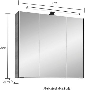 Saphir Badezimmerspiegelschrank Quickset 395 Badschrank, 3 Spiegeltüren, 6 Einlegeböden, 75 cm breit inkl. LED-Beleuchtung, Türdämpfer, Schalter-/Steckdosenkombination