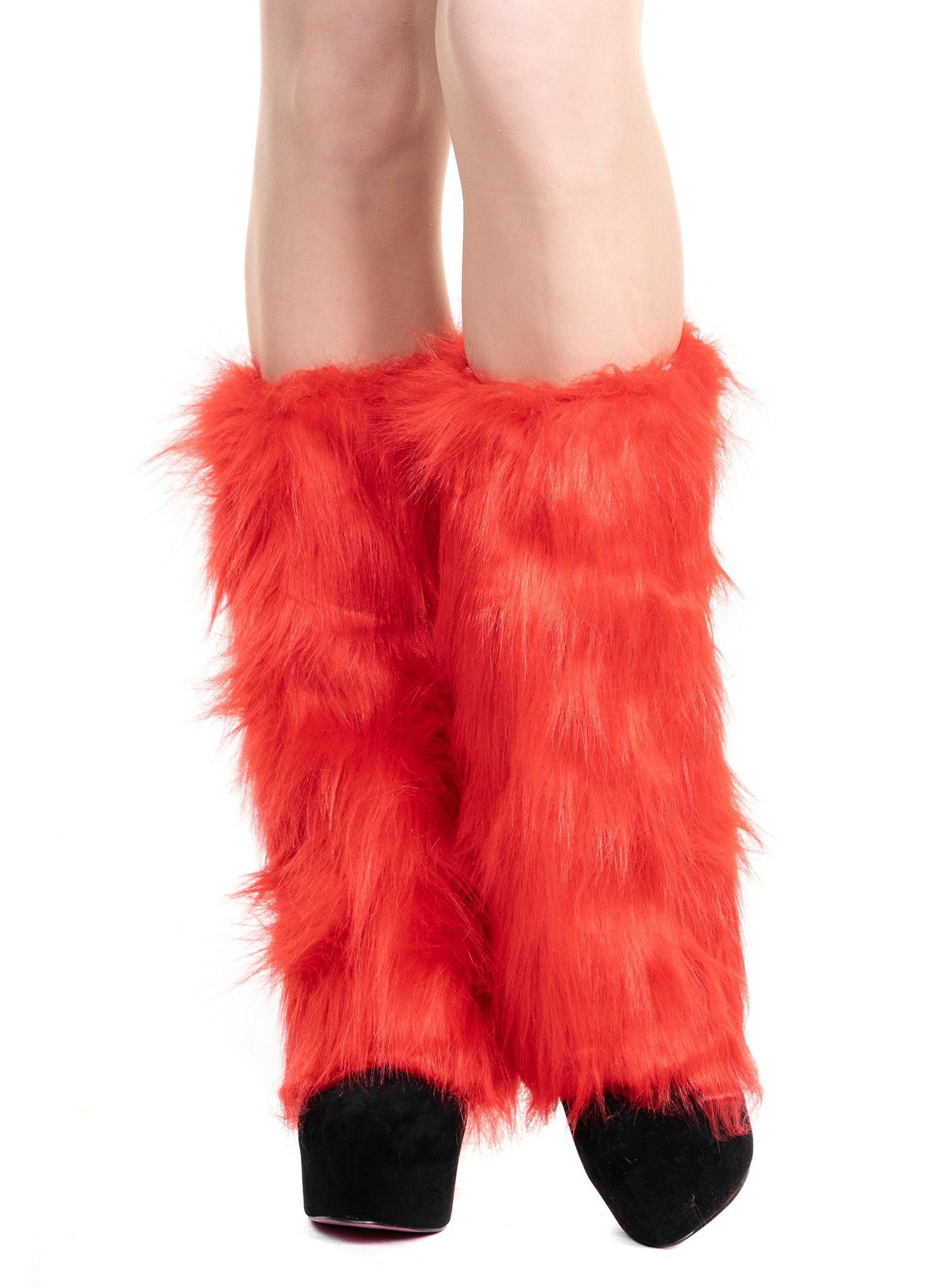 Leg Avenue Kostüm Rote Beinstulpen Fellstulpen für Fasching und Hall, Flauschige Legwarmer aus buntem Kunstfell