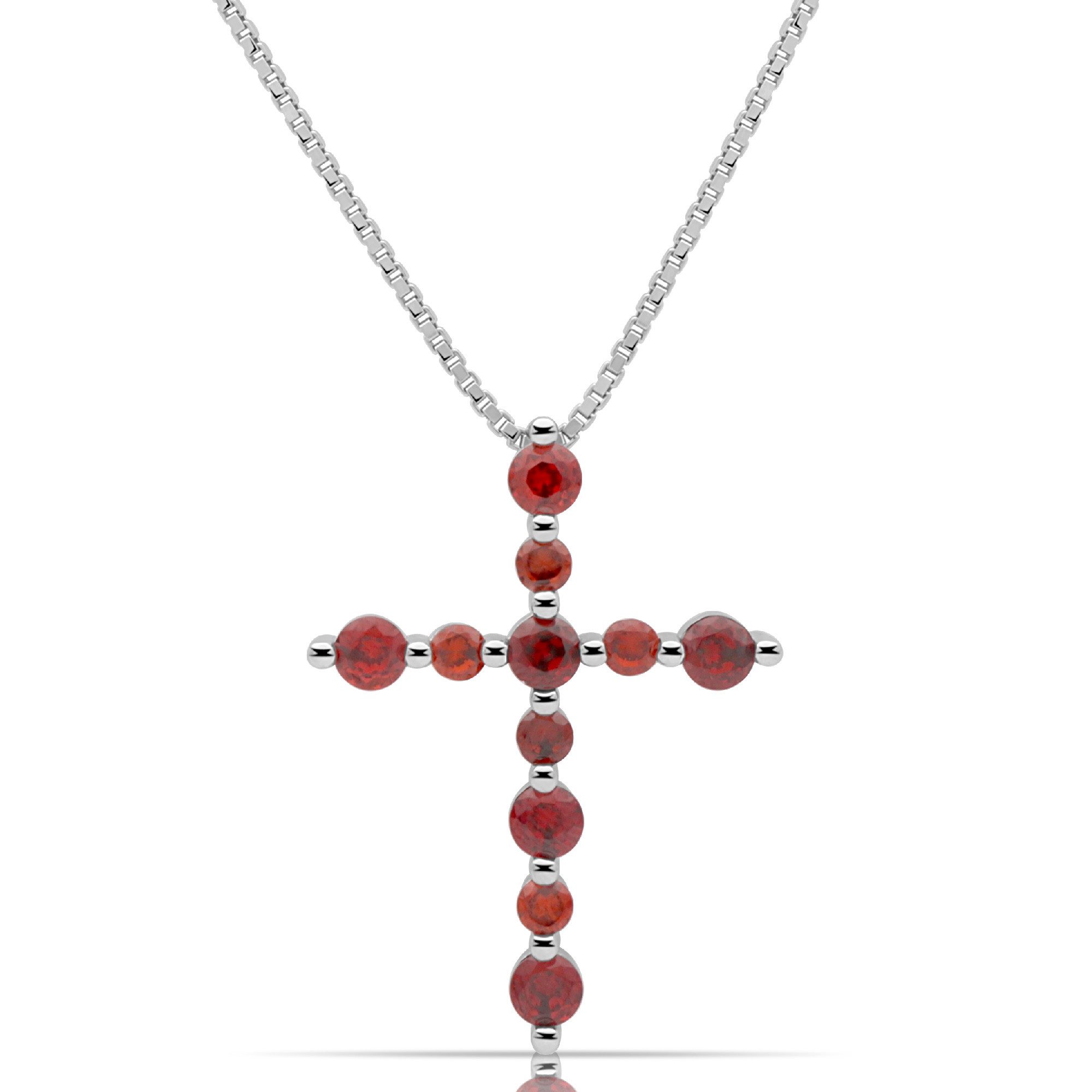 Tony Fein Kette mit Anhänger Kreuz Kette mit Anhänger 1mm 925er Silber Massiv Zirkonia Rot, Made in Italy für Damen und Herren