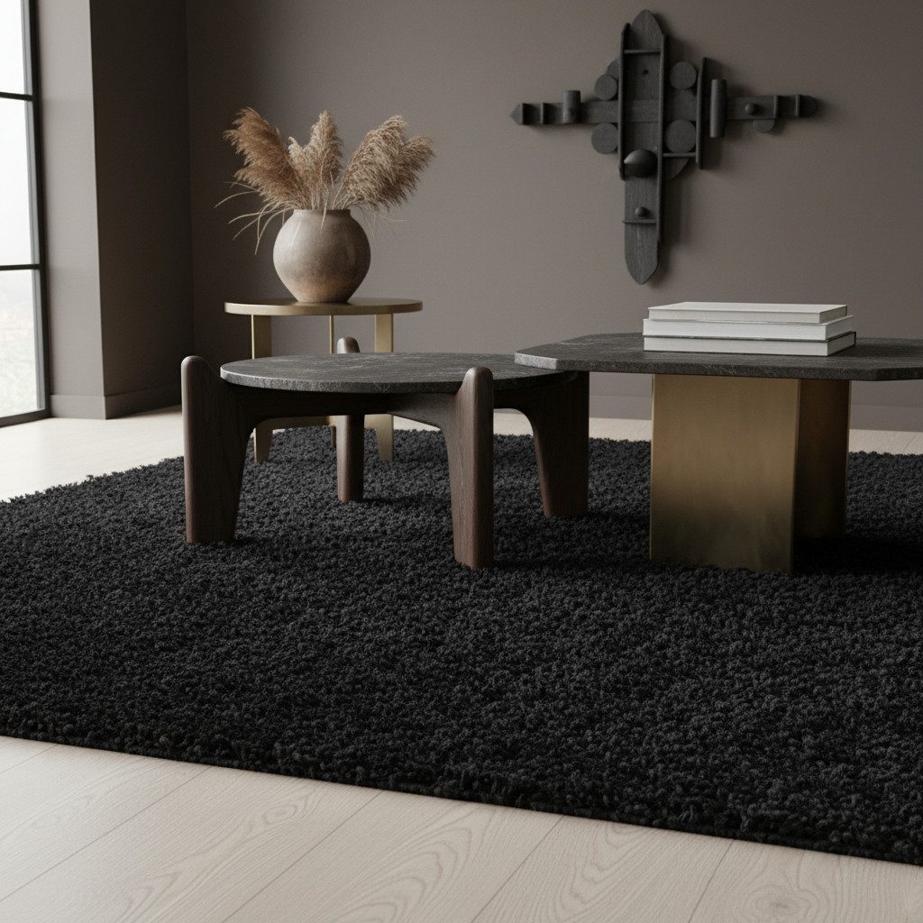 KADIMA DESIGN Teppich SPREE Shaggy Langflor Wohnzimmer Schlafzimmer Waschbar Esszimmer, Läufer, Höhe: 32 mm, Schwarz, 60x110 cm, Wohnzimmerteppich Strapazierfähig Waschbar