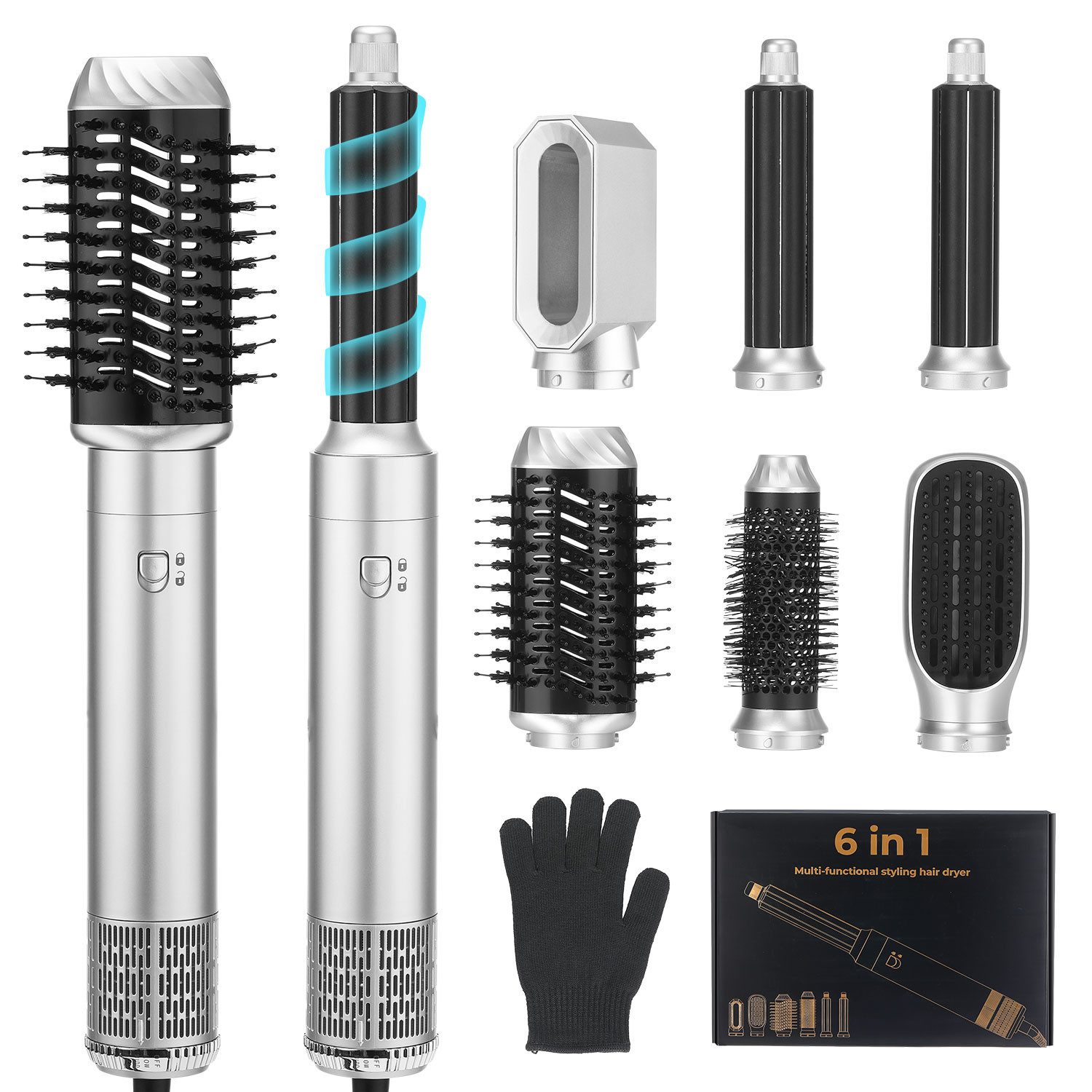 oyajia Multihaarstyler 6-in-1 Heißluftstyler mit Locken-, Glätt-, Föhn- & Volumenfunktion, 6-in-1 Stylingtool mit 3 Temperaturen, 3 Windstufen und Aufsätzen