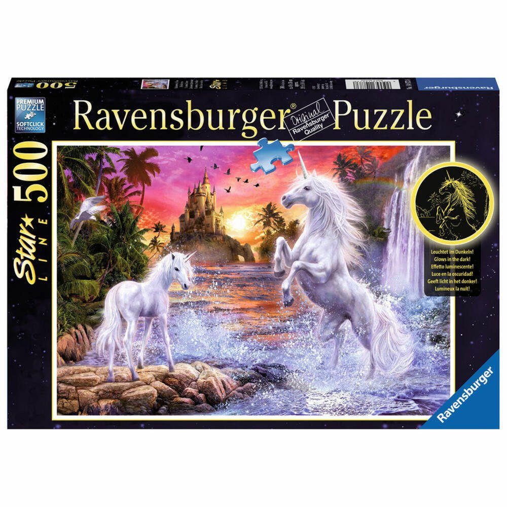 Ravensburger Пазли Einhörner Am Fluss, Star Line, Leuchtpuzzle, 500 Пазлиteile