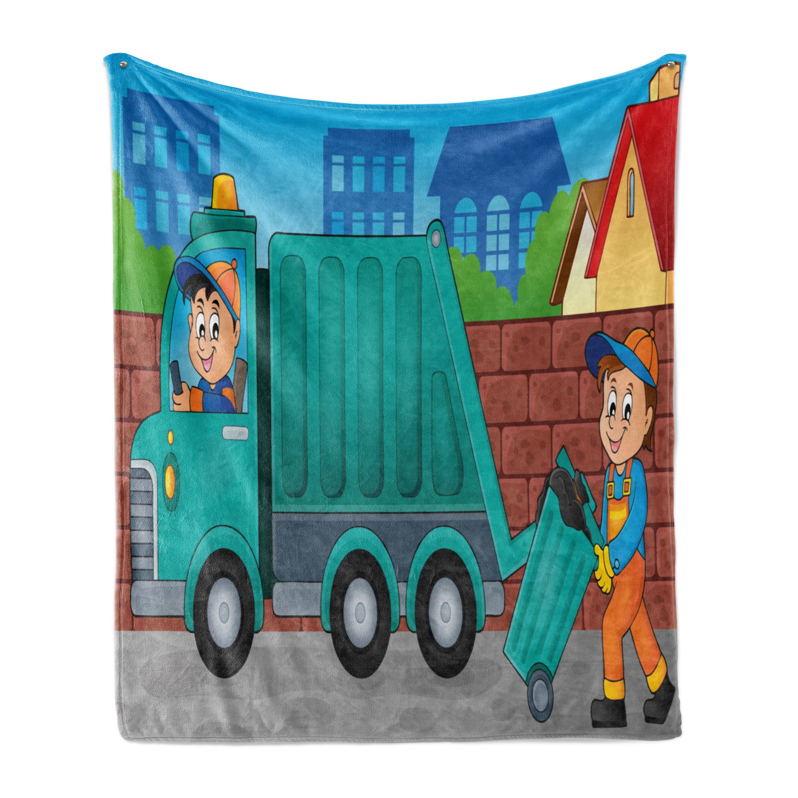 Wohndecke Gemütlicher Plüsch für den Innen- und Außenbereich, Abakuhaus, Müllwagen Müllfahrzeug und Männer
