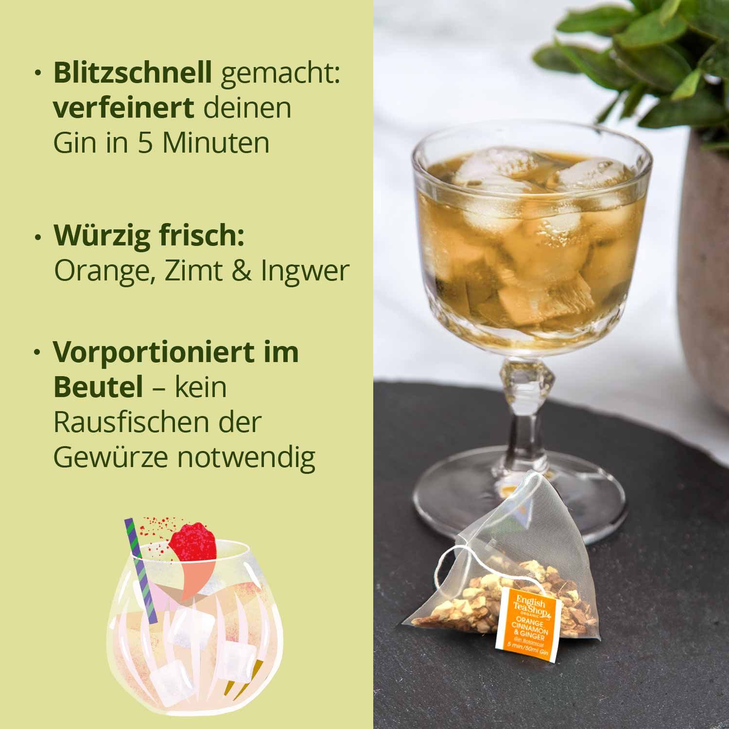 English Tea Shop Tee Botanicals for Gin, Orange Zimt Ingwer, BIO Gewürze 7 Pyramiden-Beutel, Fruchtig, würzig & sommerlich erfrischend.