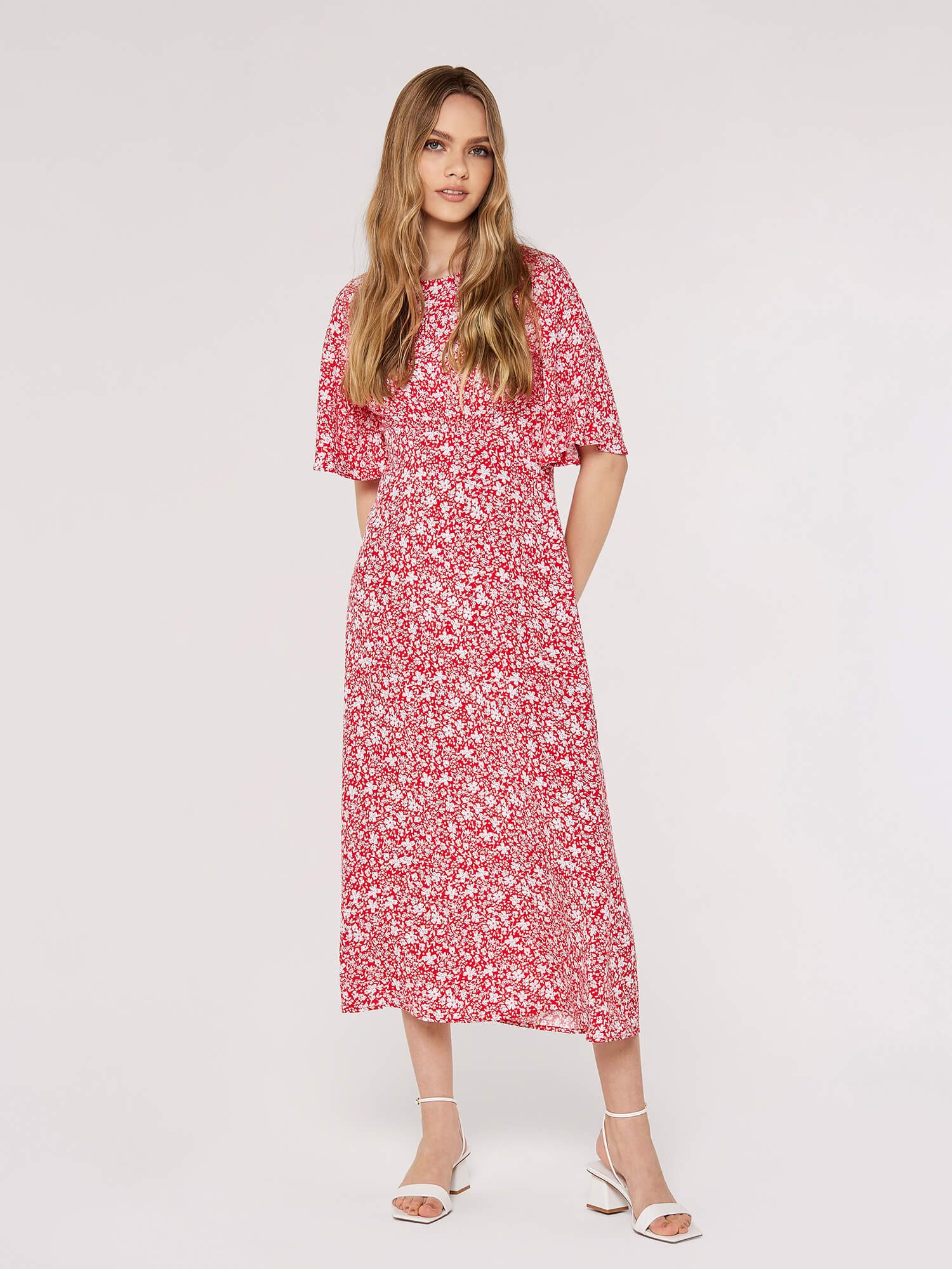 Apricot Druckkleid Vintage Blumen Midi-Kleid, mit günstig online kaufen