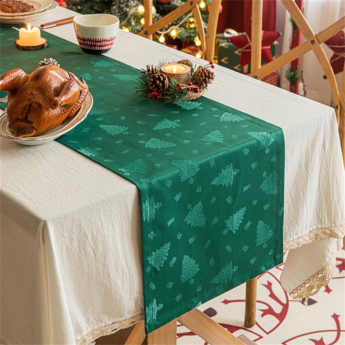 DÖRÖY Tischläufer Weihnachtsdekoration Gedruckte Tischdecke,Festliche Party Tischflaggen grün