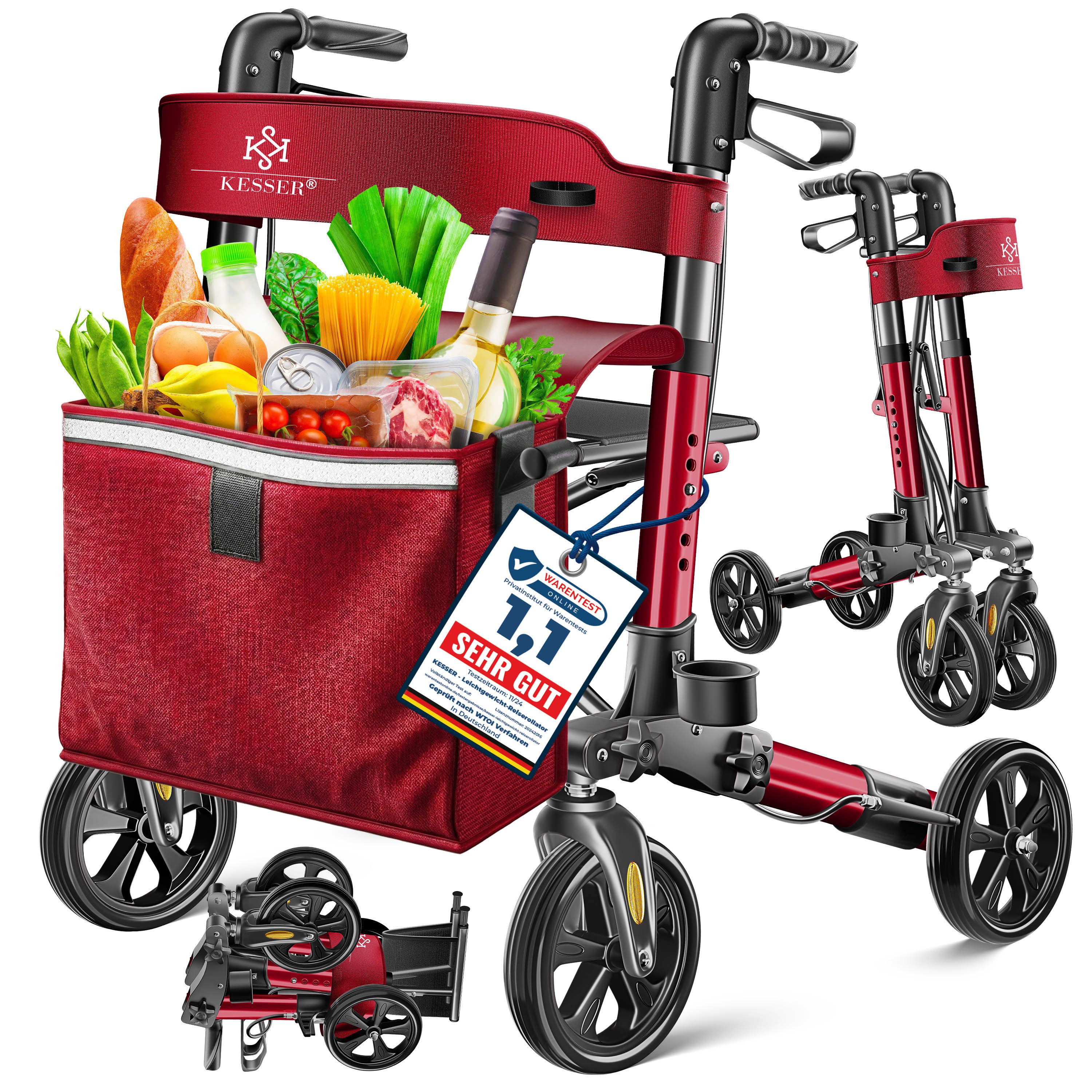 KESSER Rollator Aluminium – faltbar, höhenverstellbar & bis 136 kg belastbar, wetterbeständig, Tasche, Stockhalter, Reflektoren, 360° Gelände Reifen