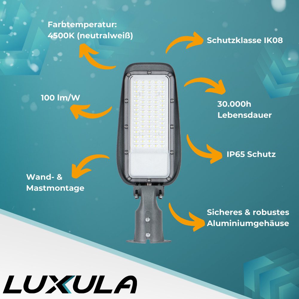 LUXULA LED Flutlichtstrahler LUXULA LED Straßenleuchte 30 W 4500 K Neutralweiß Grau, LED fest integriert, Neutralweiß