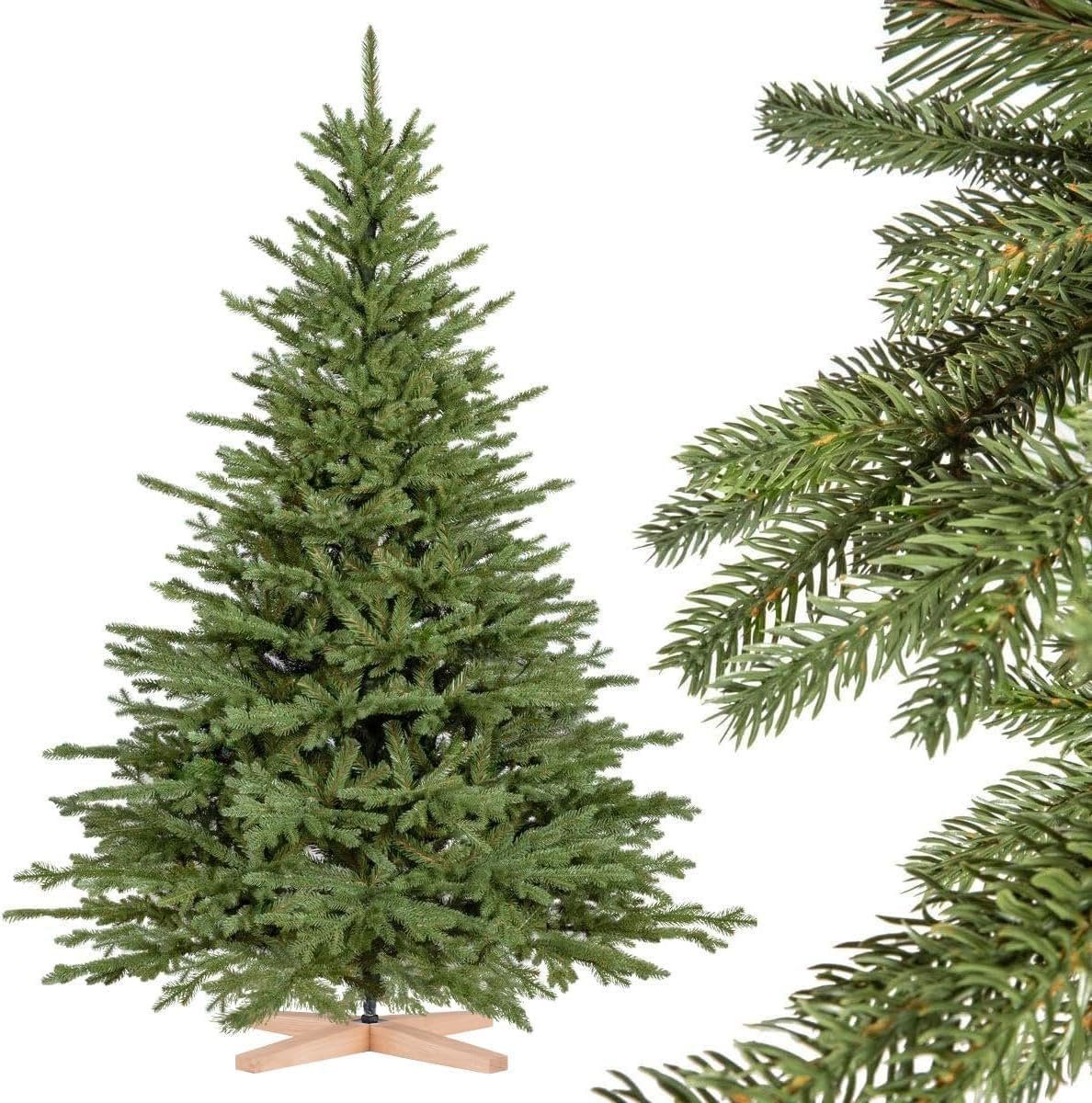 Fairytrees Künstlicher Weihnachtsbaum FT23, Bayerische Tanne, PREMIUM, Material Mix aus Spritzguss & PVC mit Echtholz Baumständer