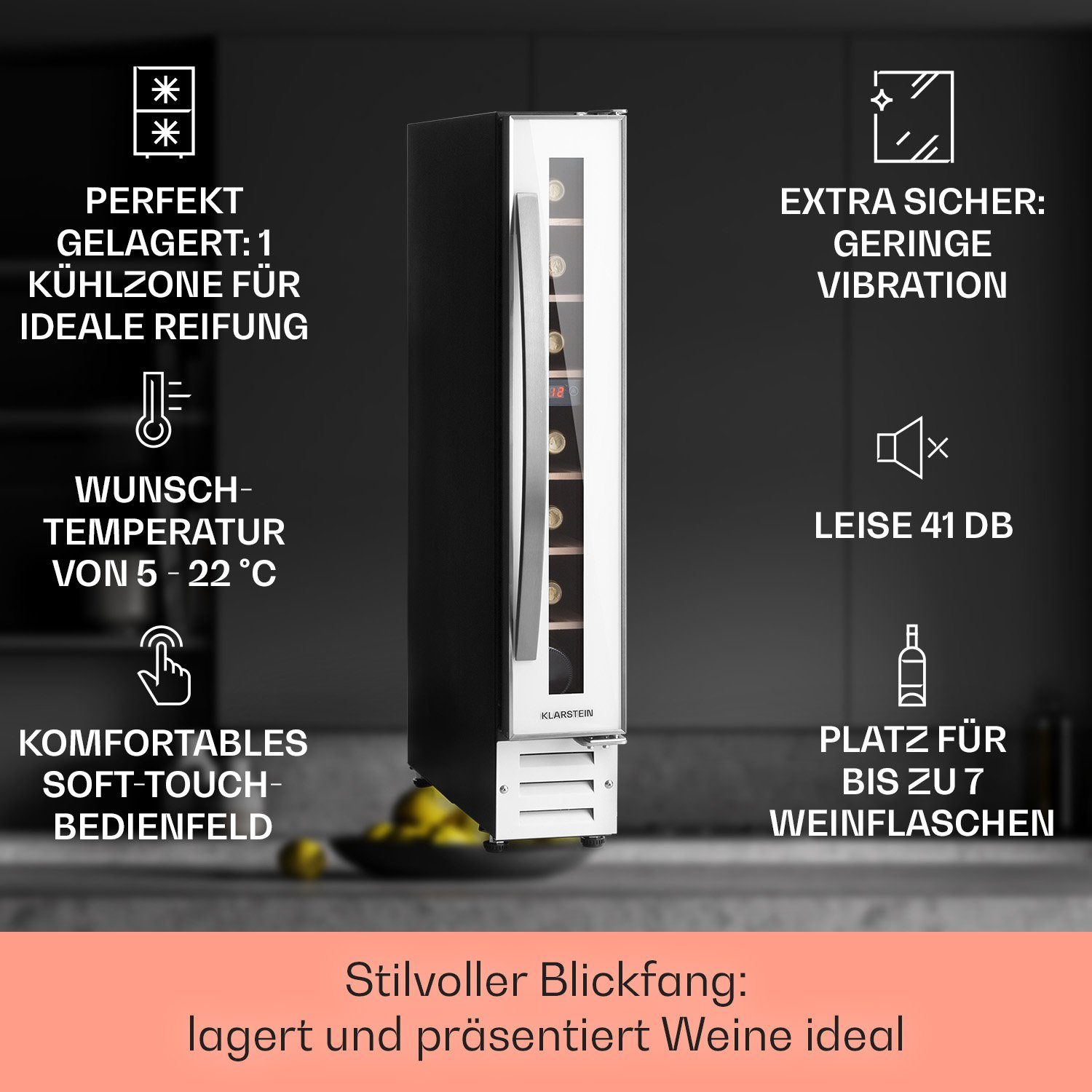 Klarstein Weinkühlschrank Vinovilla, für 7 Standardflaschen á 0,75l,Wein Flaschenkühlschrank Weintemperierschrank Weinschrank Kühlschrank
