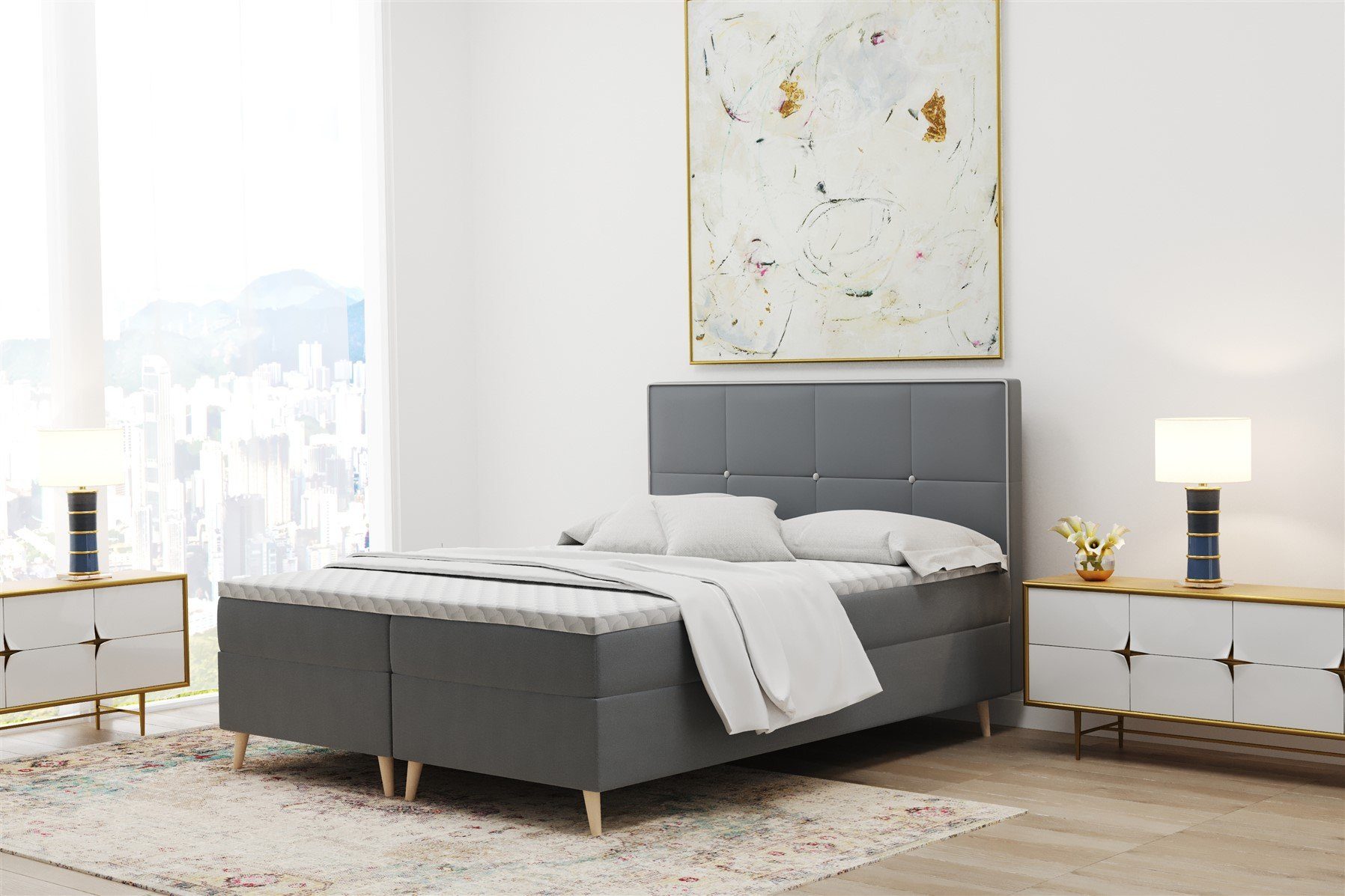 Fun Möbel Boxbett Schlafzimmerbett RENAN Überlänge (220cm) Stoff Riviera oder Kunstleder (inkl. Bettkasten, inkl. Kaltschaumtopper)