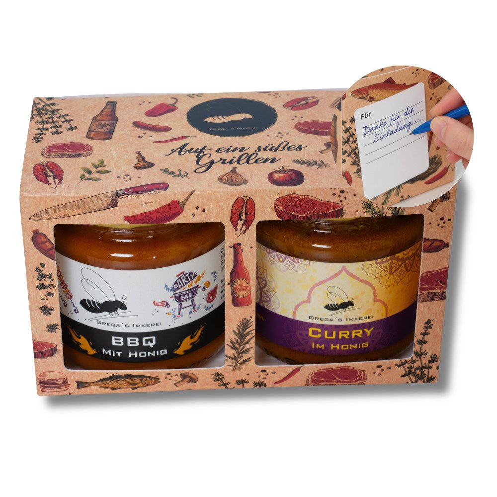 Grega´s Imkerei Grillsauce Honigsüße 2er Geschenk Box mit Grillhonigspezialitäten, 2 x 250 g, (deiner Wahl, perfektes Mitbringsel / Geschenk zur Grillparty oder Gartenparty), Direkt vom Imker
