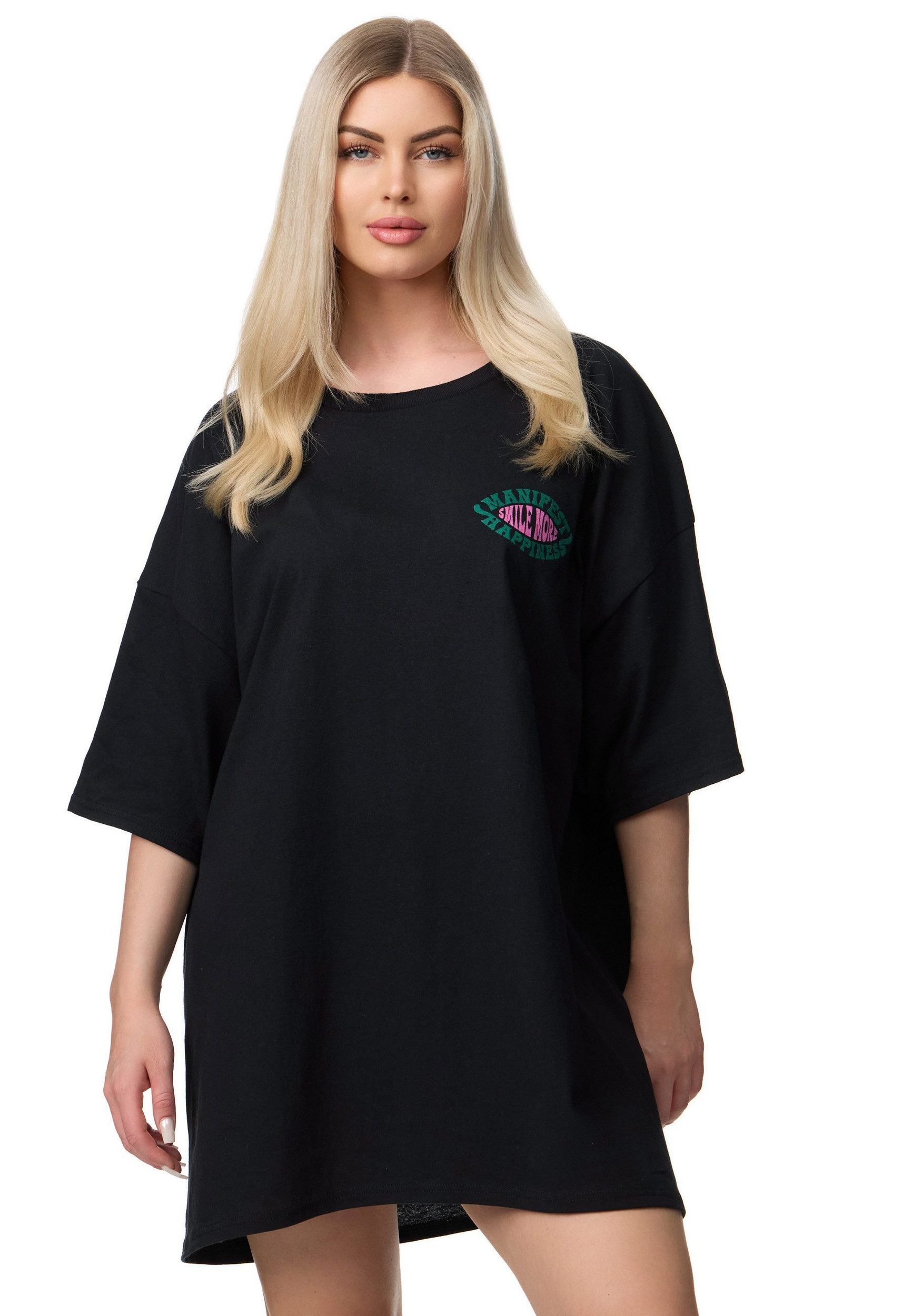 T-Shirt Worldclassca Oversized "Happiness" Print T-Shirt Lang Oberteil Shirt