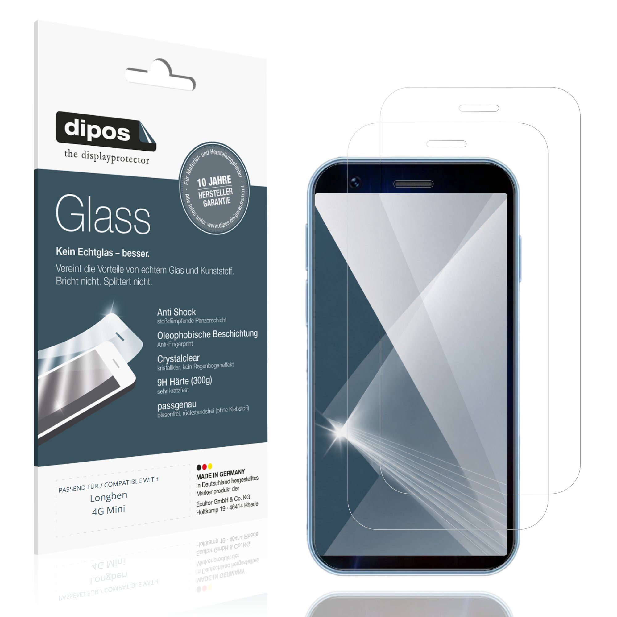dipos Displayschutzfolie Schutzfolie für Longben 4G Mini, 2 Stück, Displayschutz Schutz Folie Made in Germany