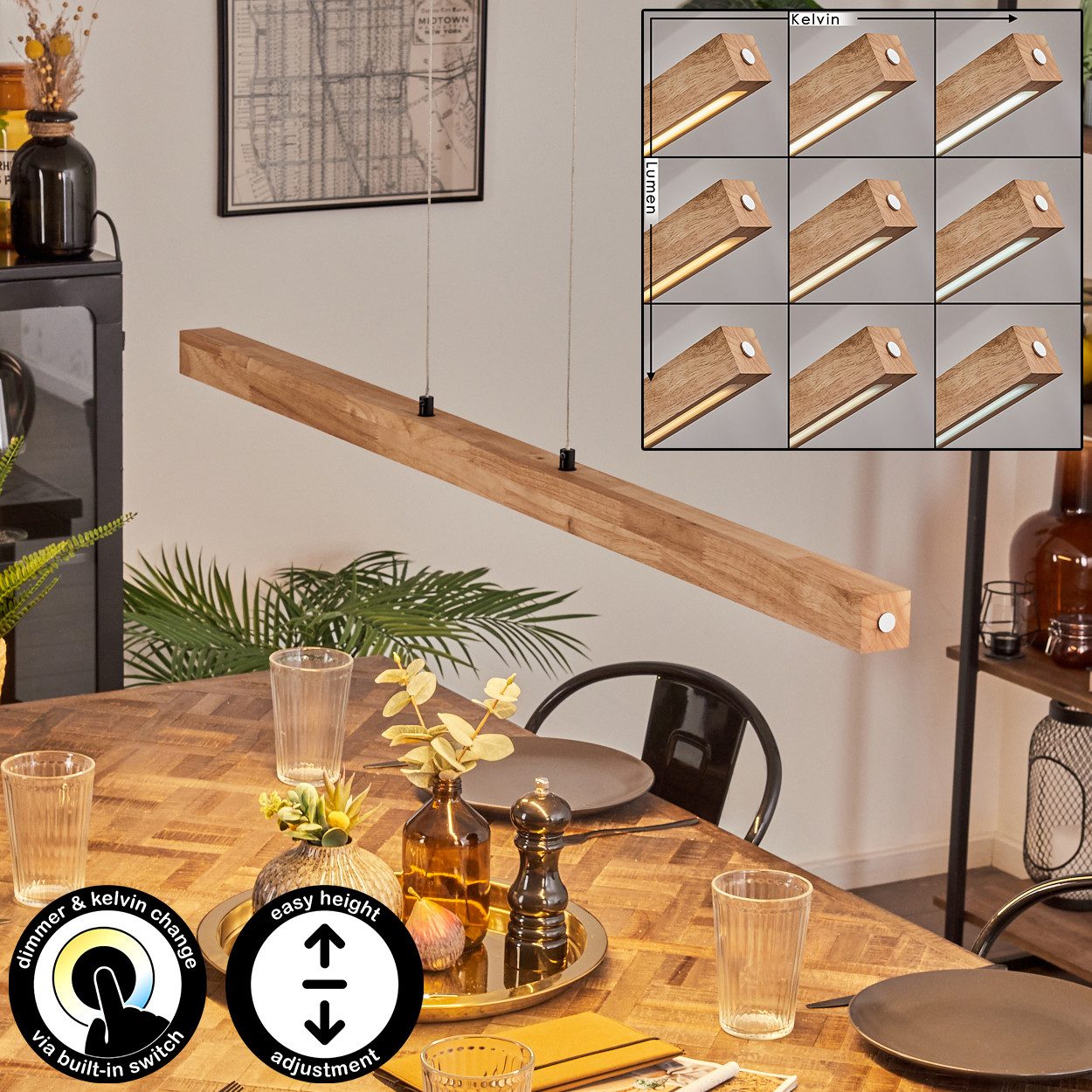 hofstein Pendelleuchte dimmbare Hängelampe aus Metall/Holz/Kunststoff in Schwarz/Naturfarben, LED wechselbar, 3000-6000 Kelvin, skandinavisches Design, Touchdimmer, LED 24 Watt, 2550 Lumen