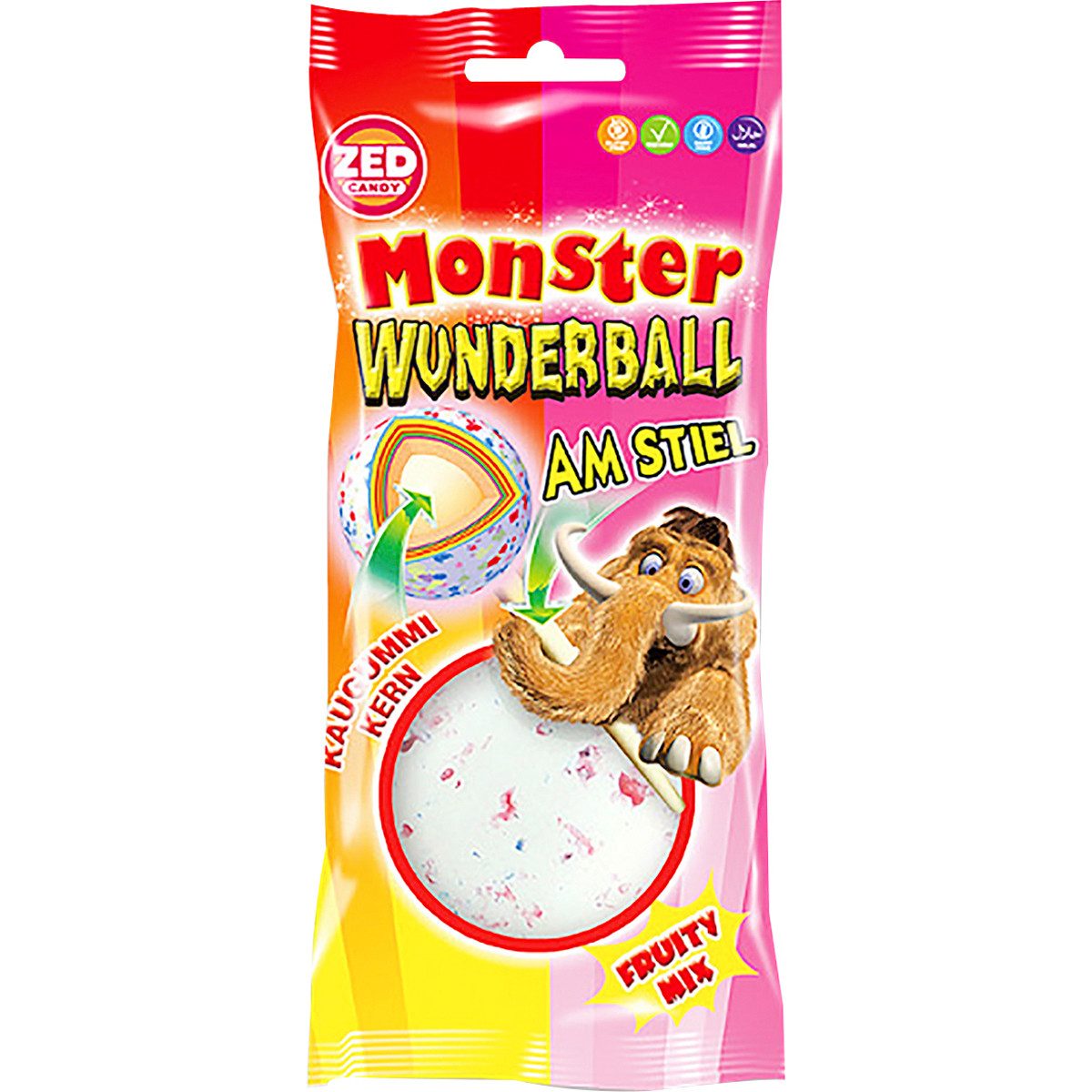 ZED Süßigkeit, ZED Monster Wunderball Fruity am Stiel mit Kaugummi Kern 60g