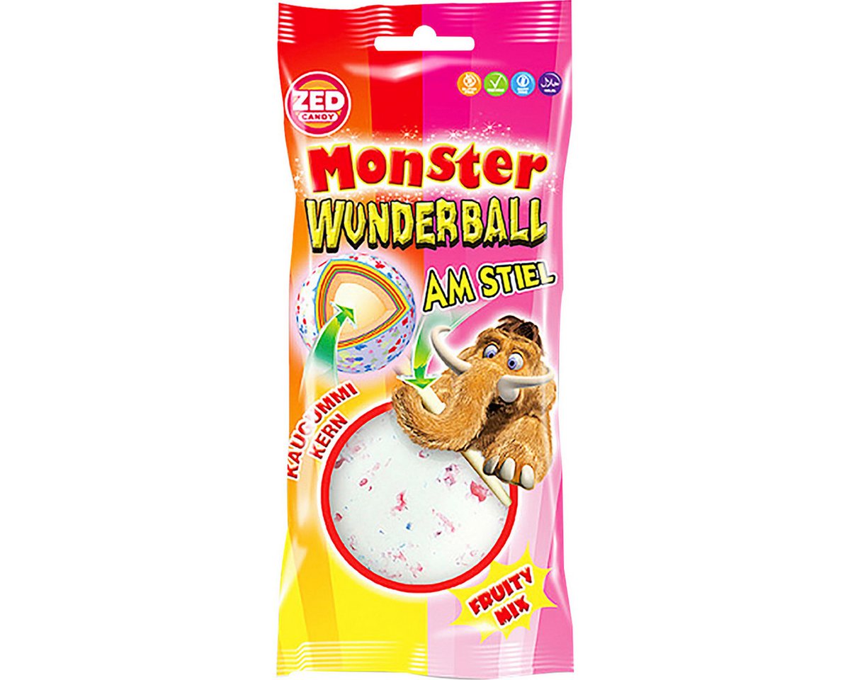 ZED Süßigkeit, ZED Monster Wunderball Fruity am Stiel mit Kaugummi Kern 60g