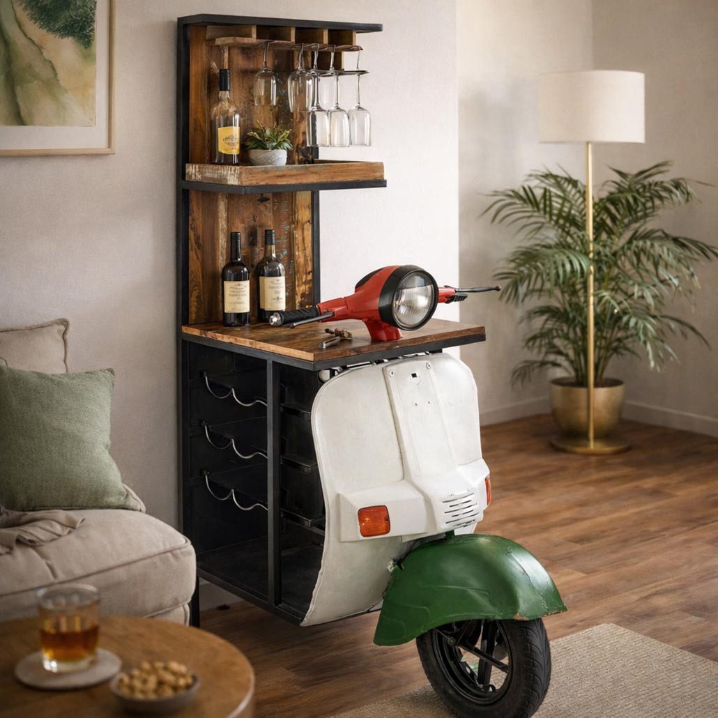 Kobolo Weinregal Regal SCOOTER ITALIA aus Holz und lackiertem Metall Anrichte Barschran, Einzelstück 1-tlg., Grün Weiß Rot