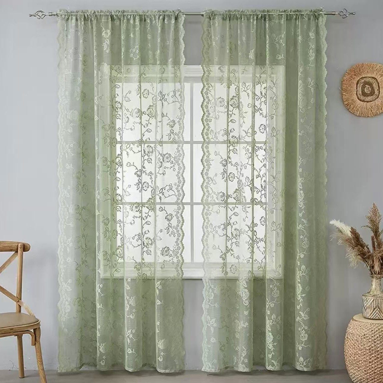 Agger Vorhang Landhaus-Rosenvorhang, Vintage-Spitzenvorhang, halbtransparenter Vorhang für Wohnzimmer- und Schlafzimmerdekoration – Bild 3 von 5
