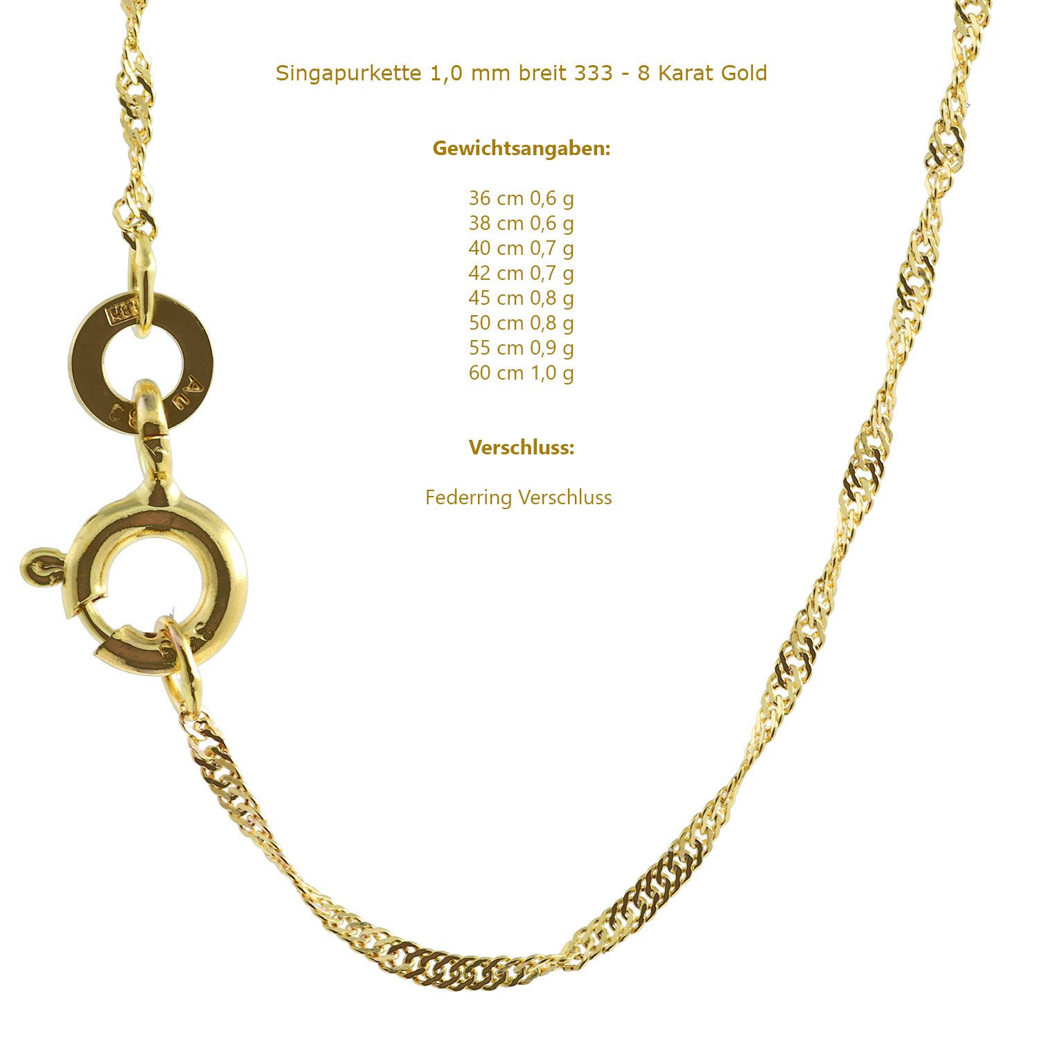 HOPLO Goldkette Goldkette Singapurkette 333 - 8 Karat Gold 1,0 mm - 38 cm, Made in Germany