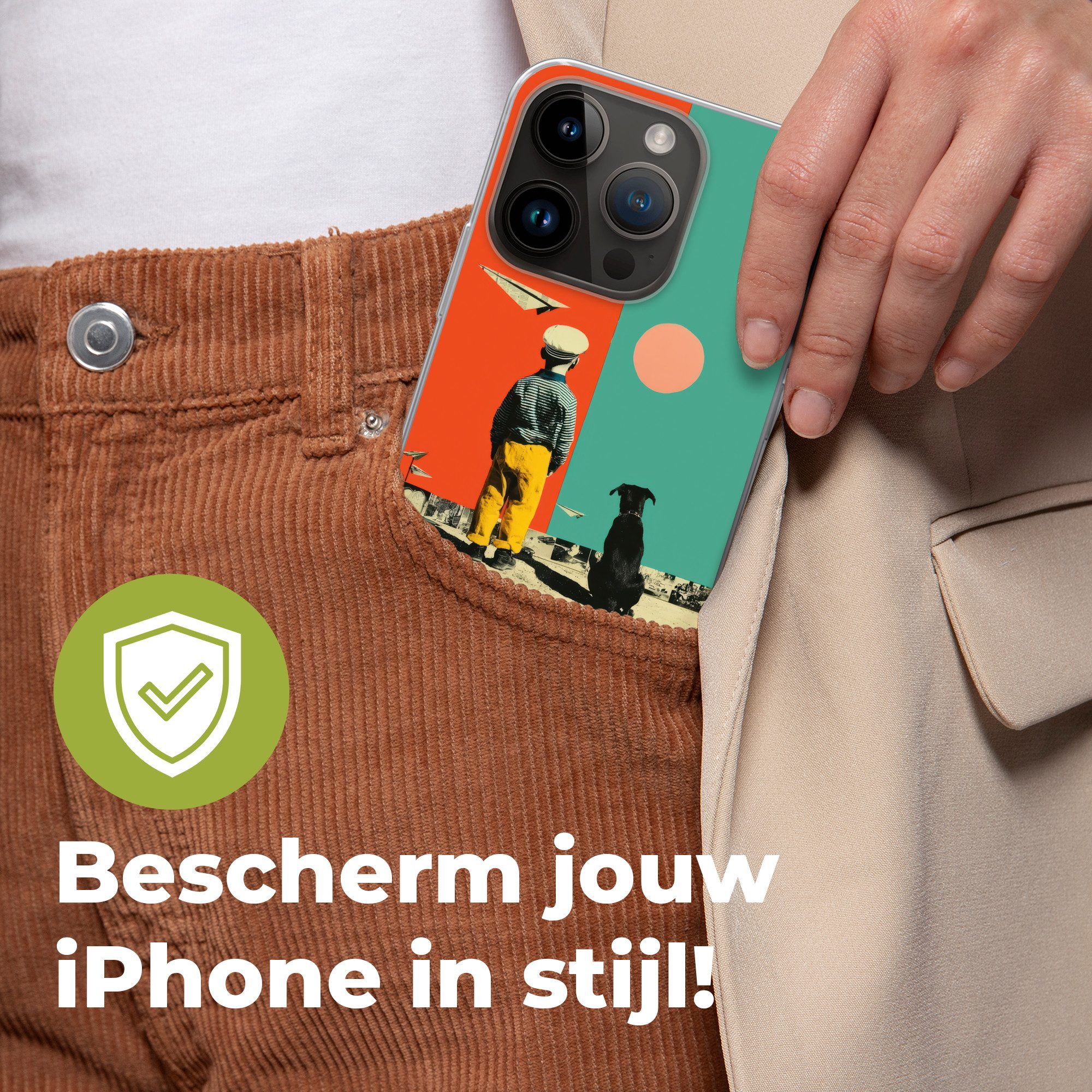 MuchoWow Handyhülle für Apple iPhone 14 Pro Retro - Junge - Hund - Rot - Grün, Smartphone-Bumper, Print, Handy Schutzhülle Dünn