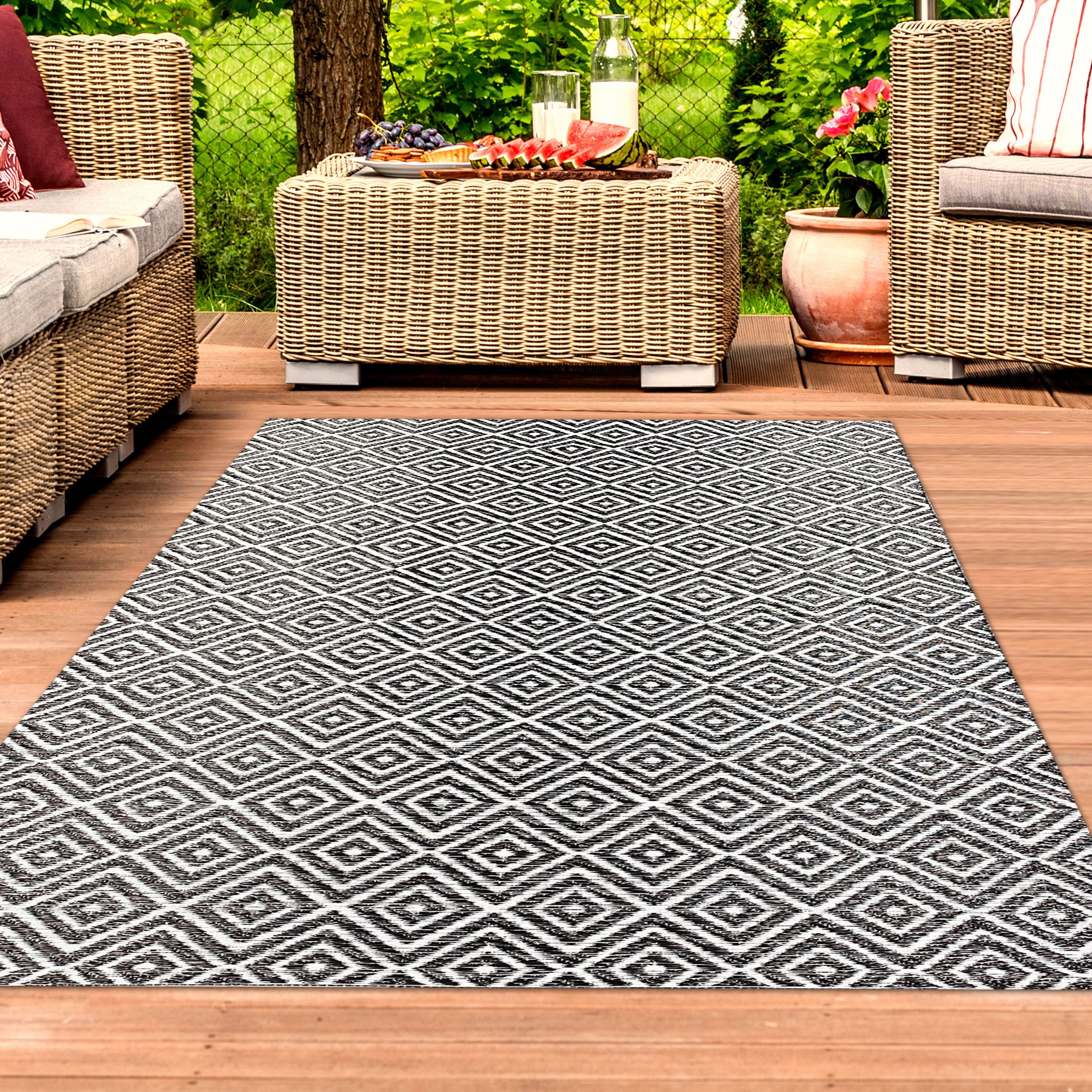 Outdoorteppich Kunststoff-Teppich mit Rautenmuster, Outdoorteppich in schwarz, TeppichHome24, Rechteckig, Höhe: 5 mm