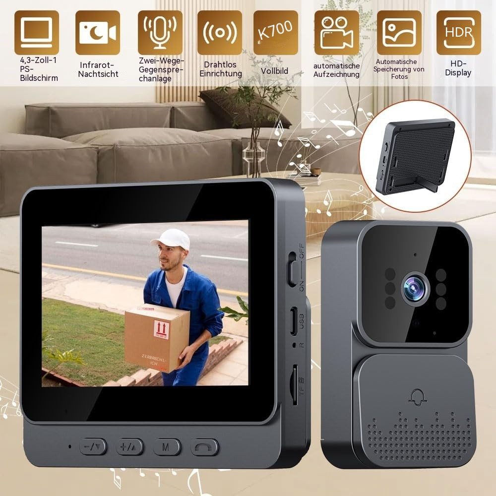 Topcony Überwachungskamera Video-Türsprechanlage Videotürklingel Video Doorbell 4,3 Zoll kabellos (Außen, Innen, Türklingel-Kamera, kabellos, mit Monitor, Video – Bild 2 von 5