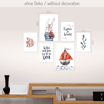 Kreative Feder Poster, Aquarell, Tier, Hase, Boot, Meer, Möwen, Spruch (Set, 6 St), 6-teiliges Poster-Set, Kunstdruck, Wandbild, Posterwand, Bilderwand, optional mit Rahmen, WP519