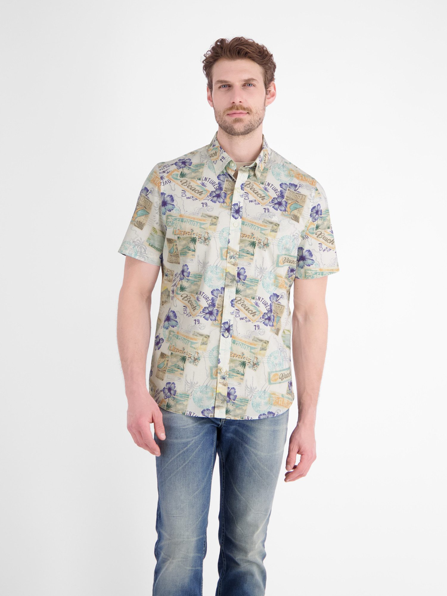 LERROS Kurzarmhemd Sommerliches Kurzarmhemd mit All-over-Print im Hawaii-Look