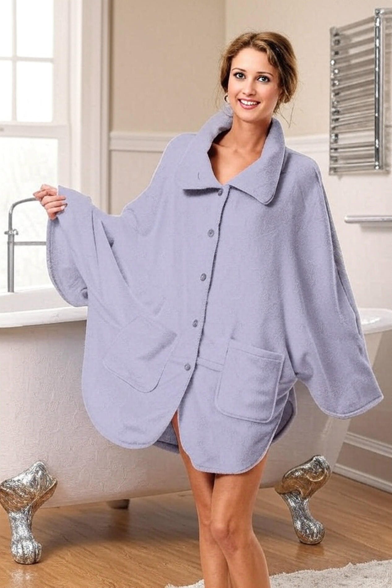 M-Diamant Morgenmantel Bademantel Morgenmantel Kuscheliger Fleece-Poncho mit Knöpfen Onesize, ohne, Knopfleiste