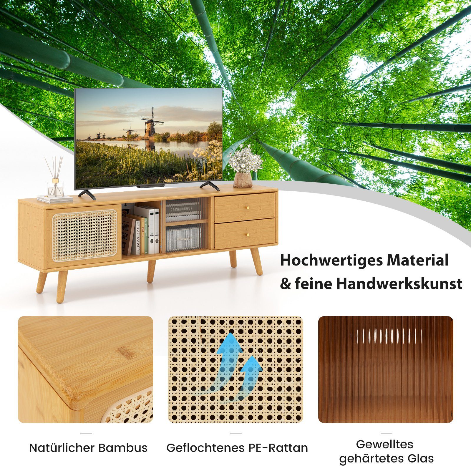 COSTWAY TV-Schrank mit 2 Schiebetüren, Glas und Bambus 2 Schubladen 140cm – Bild 4 von 5