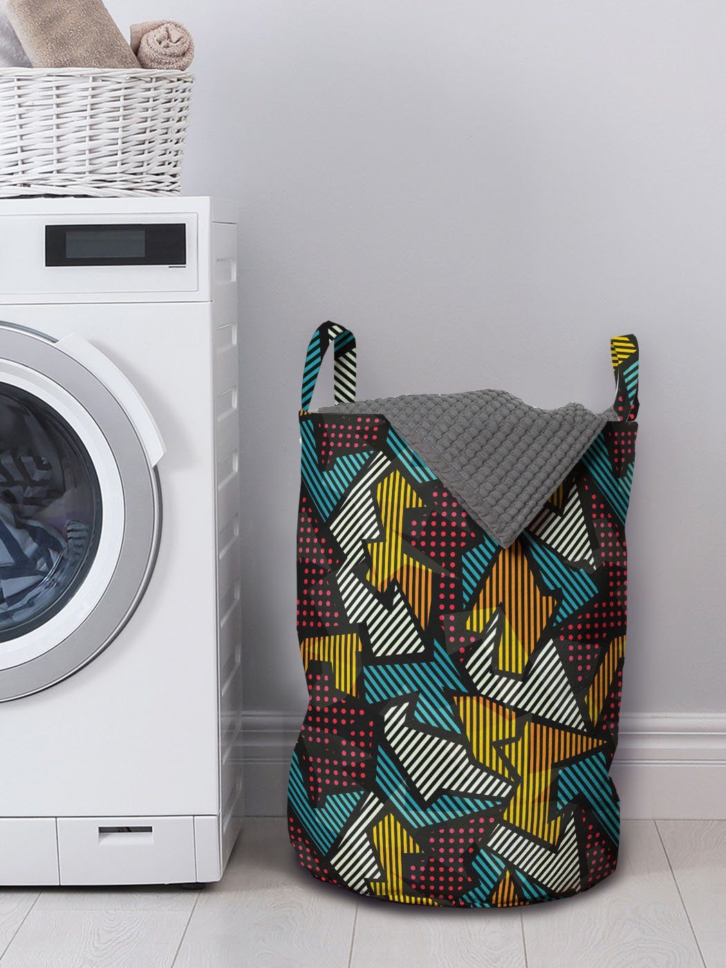 Urban Waschsalons, Design Wäschekorb Griffen Kordelzugverschluss für Abakuhaus mit Geometrisch Wäschesäckchen Abstrakt