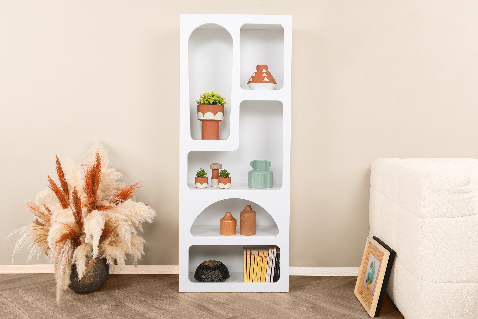 Skye Decor Bücherregal Boho Design, 60x150x32 cm, Modernes Regal in Weiß oder Travertin-Optik