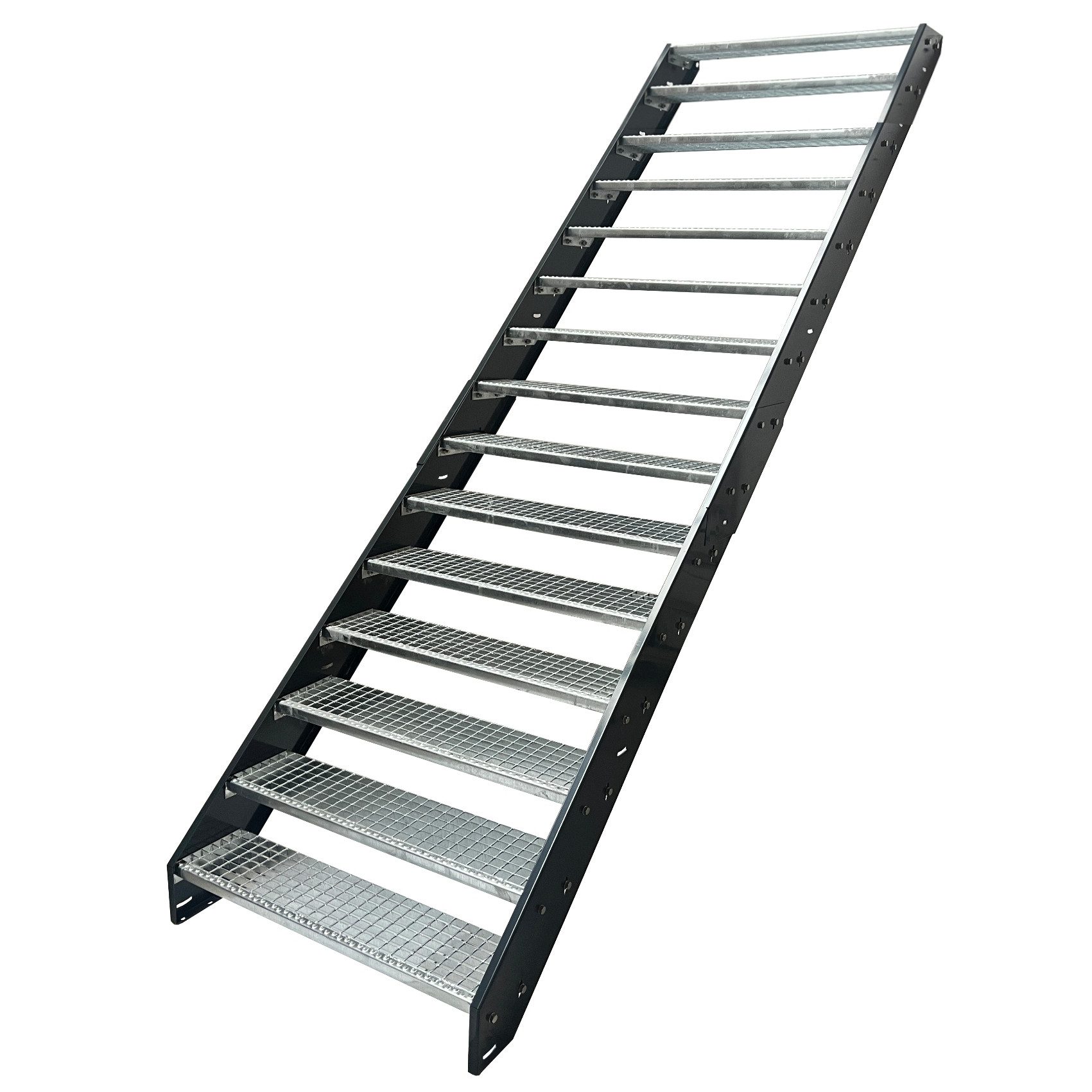 Kaminbau Mierzwa Außentreppe Stahltreppe 15 Stufen verzinkt Wangen mit und ohne Geländer Anthrazit, für Geschosshöhen bis 285 cm, Stufen Gitterroststufen nach DIN 24531, (Stufenbreite und Geländerart wählbar), Aus Premium Materialien hergestellt