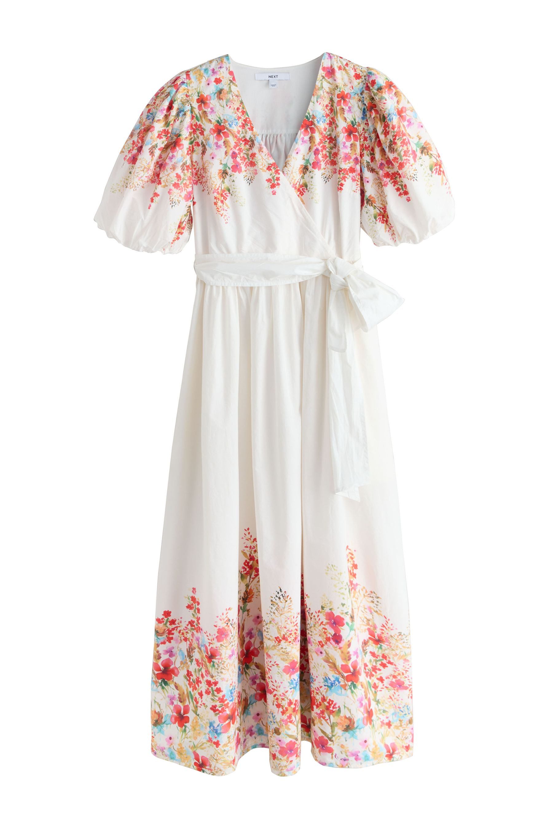 Next Midikleid Midikleid mit kurzen Puffärmeln und Bindegürtel (1-tlg)