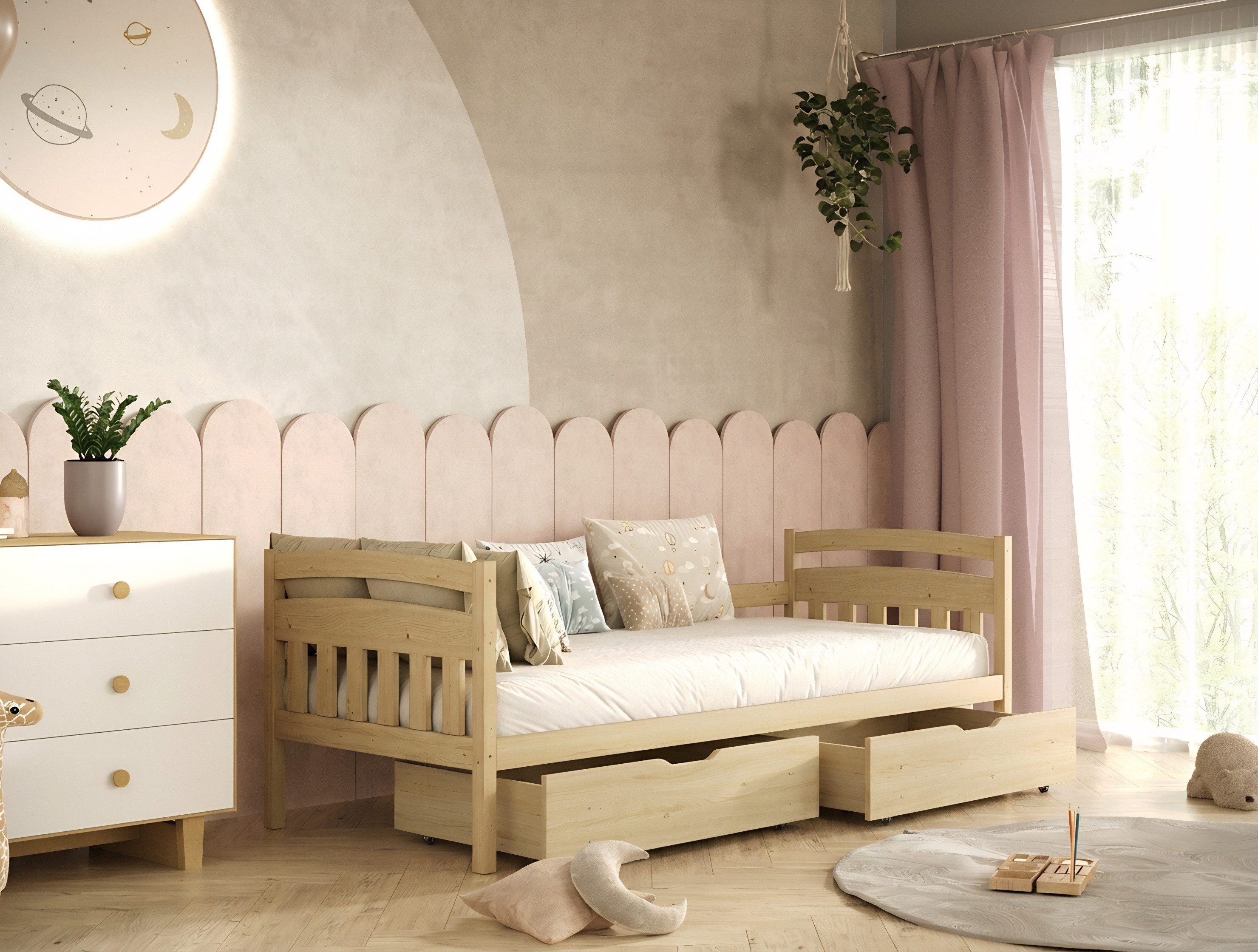 Raumhirsch Furniture Kinderbett Jugendbett, Einzelbett, Bettgestell, Funktionsbett (Maße: 169 x 87 x 82 cm (Lattenrost, Rausfallschutz, 2 Schubladen), viele Farbvarianten), 160 x 80 cm, massives Kiefernholz, für Kinder und Jugendliche