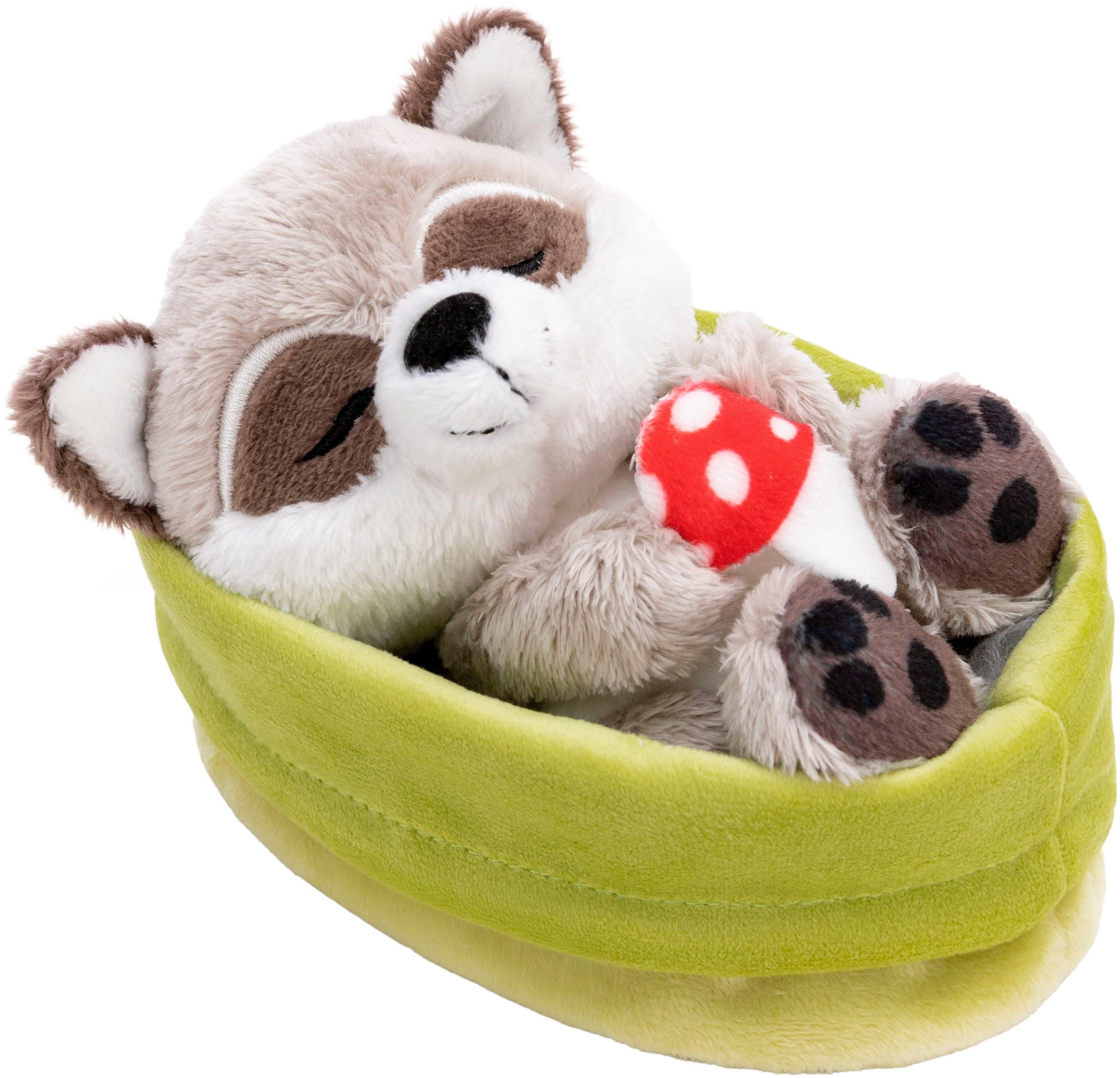 Nici Kuscheltier Sleeping Pets, Waschbär mit Fliegenpilz schlafend im Körbchen
