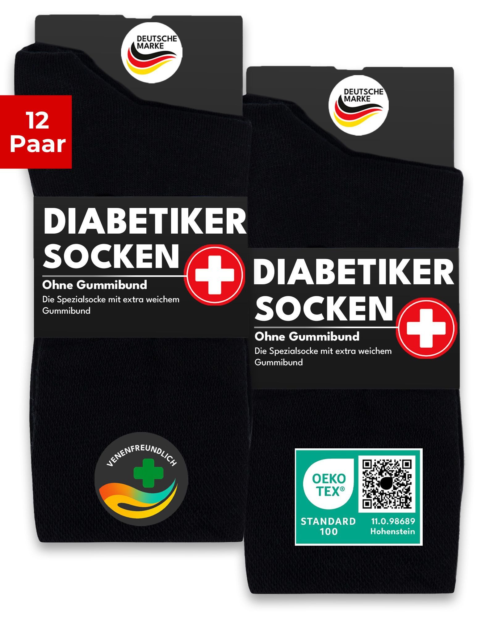 sockenkauf24 Diabetikersocken ohne Gummibund 97% Baumwolle mit Komfortbund ohne Naht (12-Paar) Diabetiker Socken ohne Gummi für Damen & Herren