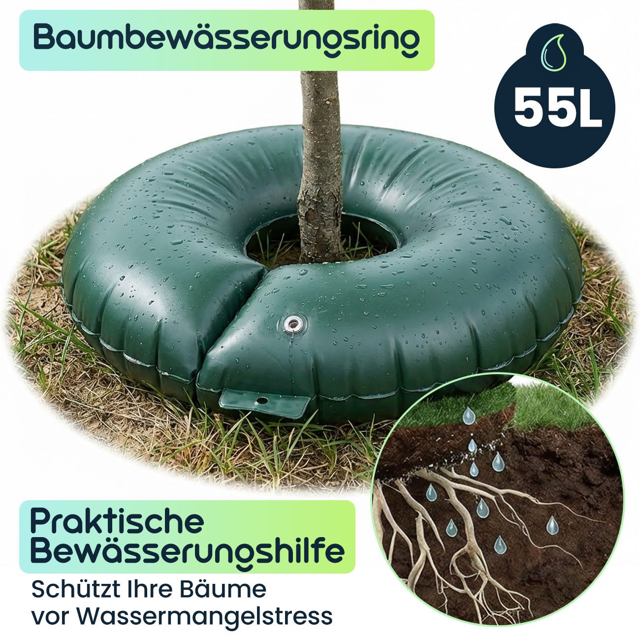 shop'n smile ideoon Bewässerungssystem Baumbewässerungsring 55L PVC-Bewässerungsbeutel bis 30 cm Stammumfang, (2-tlg), Gewebestärke 400g/m², UV-beständig, 7St.-Tröpfchensystem