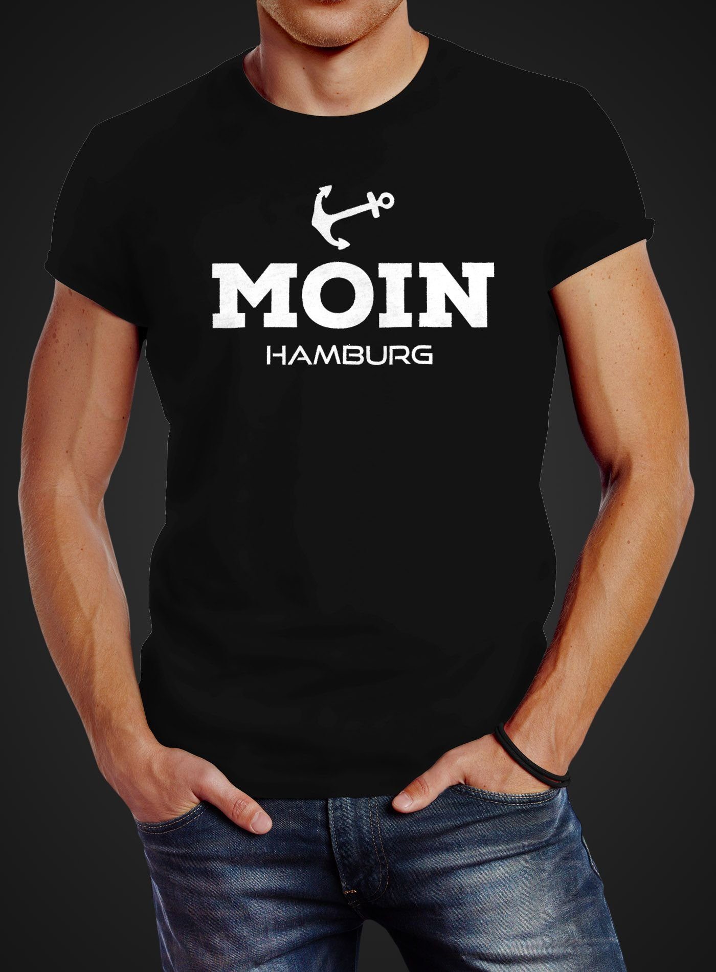 schwarz Neverless® Fit mit Neverless Hamburg Anker T-Shirt Print Slim Herren Moin Print-Shirt