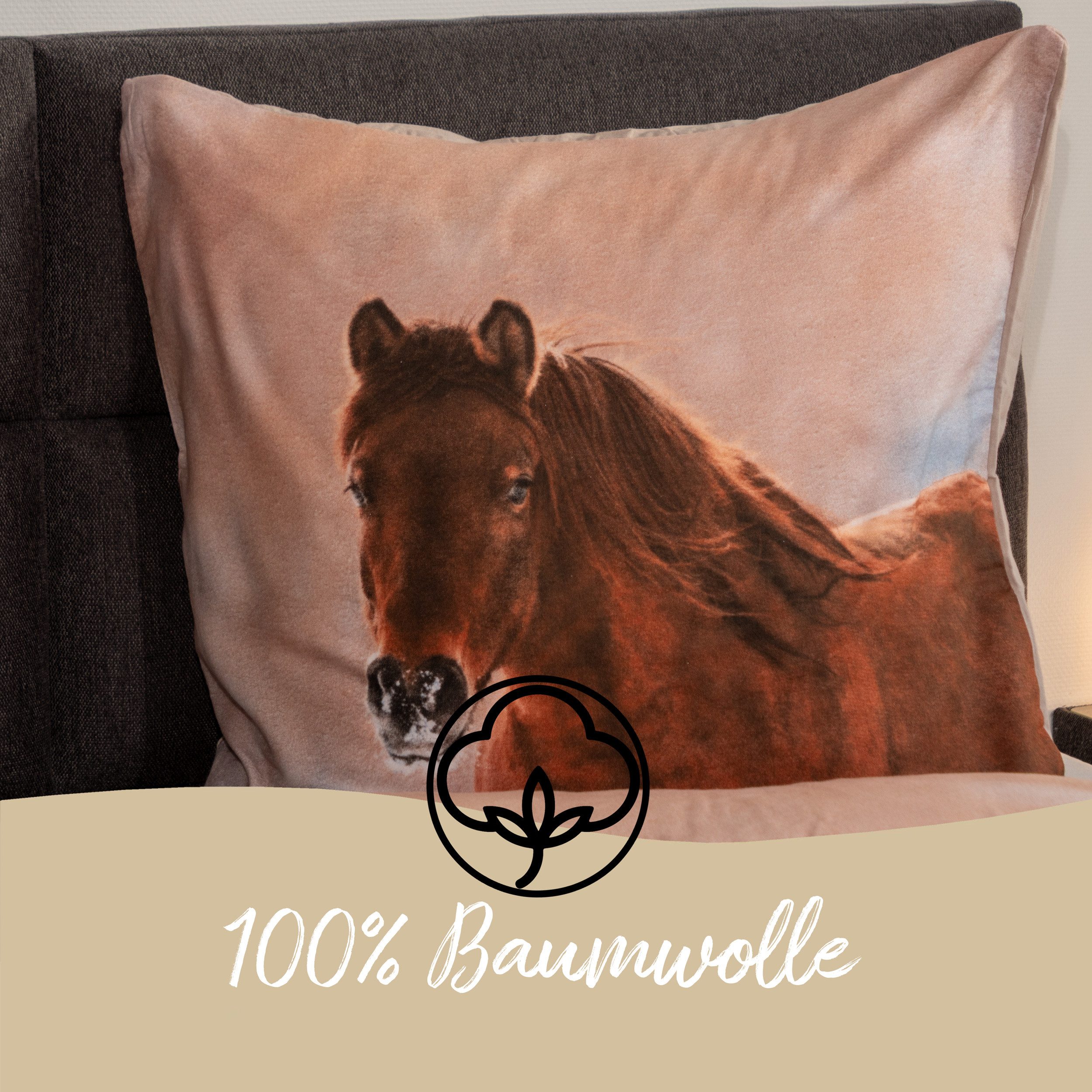 Traumschloss Bettwäsche Comfort Baumwolle, Flanell, 2 teilig, Ponys im Winter, Schnee, beige