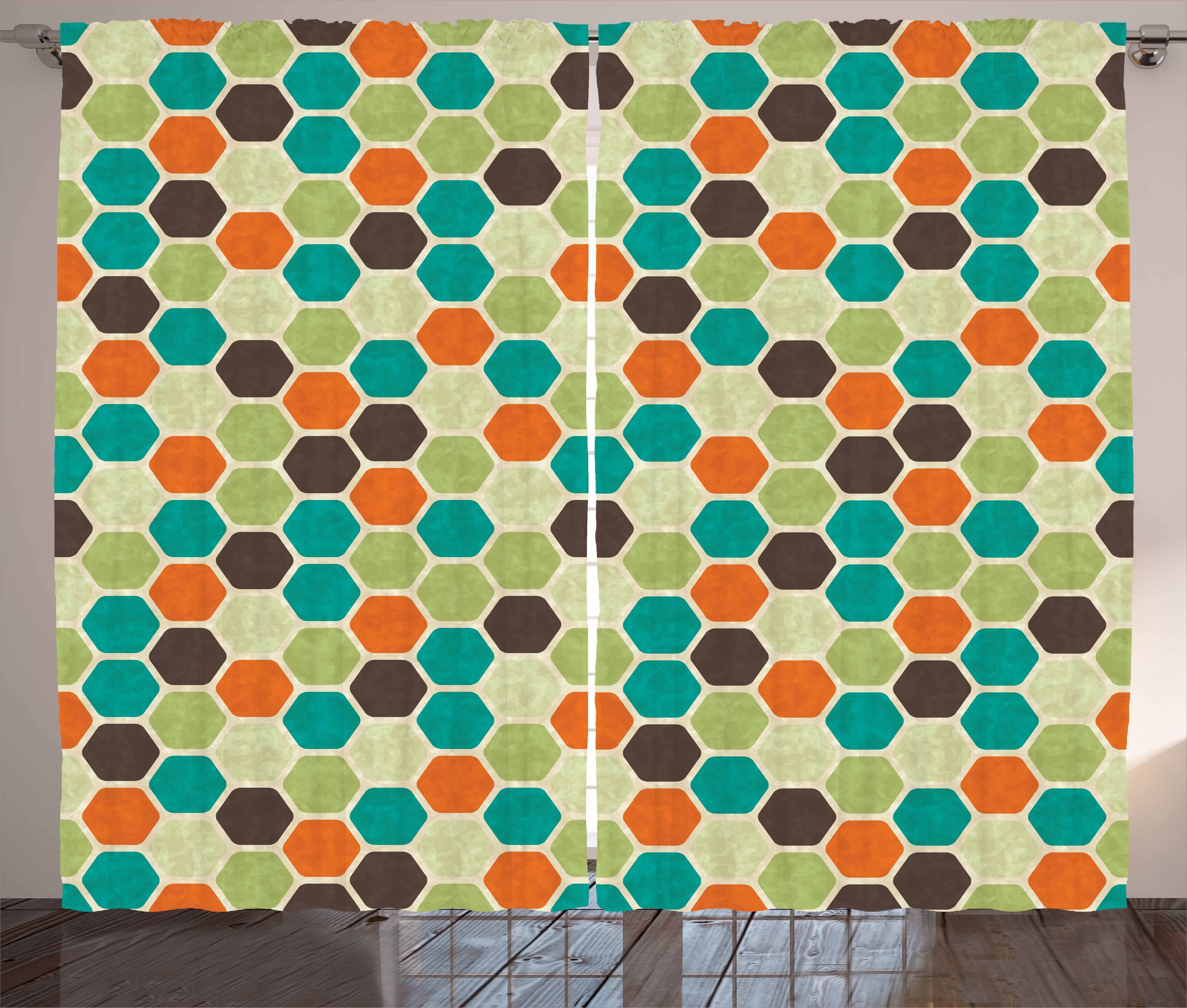 Hexagons Kräuselband Gardine Abakuhaus, Schlafzimmer Retro mit Schlaufen Haken, Vorhang Bunt Grunge und