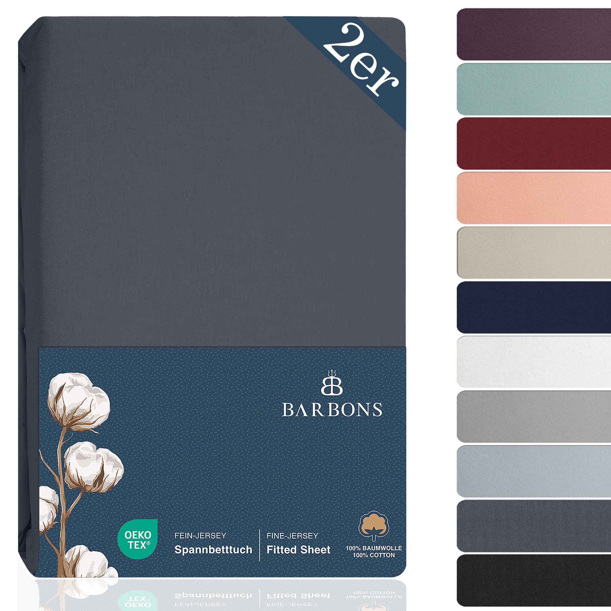 BARBONS Spannbettlaken Jersey 2er Bettlaken, 145 g/m² Spannbetttuch, bis zu 25cm Höhe, Topper, 100% Baumwolle, Gummizug: rundum, (2 Stück), Rundgummi, Atmungsaktiv