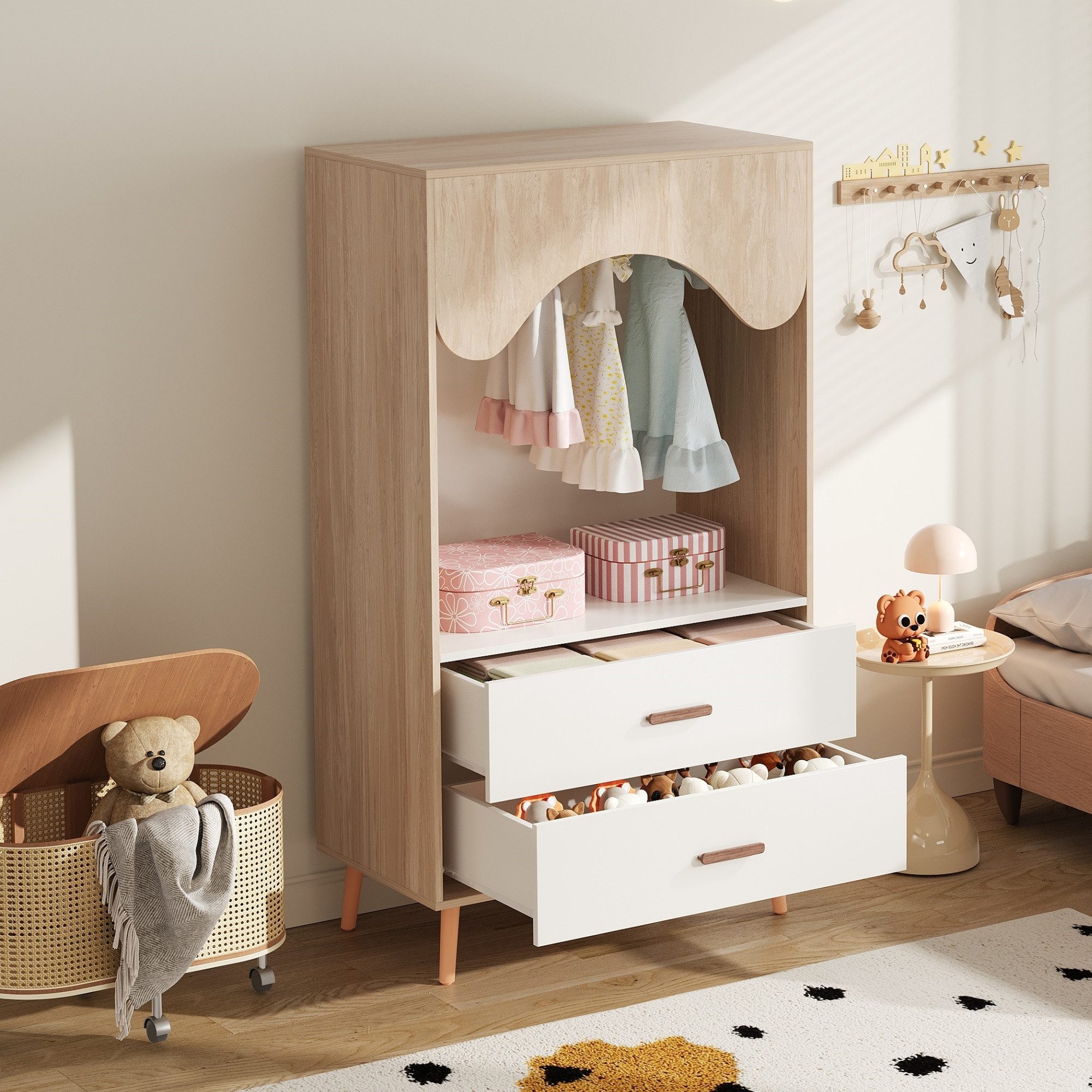 REDOM Kleiderschrank Minimalistisches Design in Weiß & Holz (Kinderkleiders günstig online kaufen
