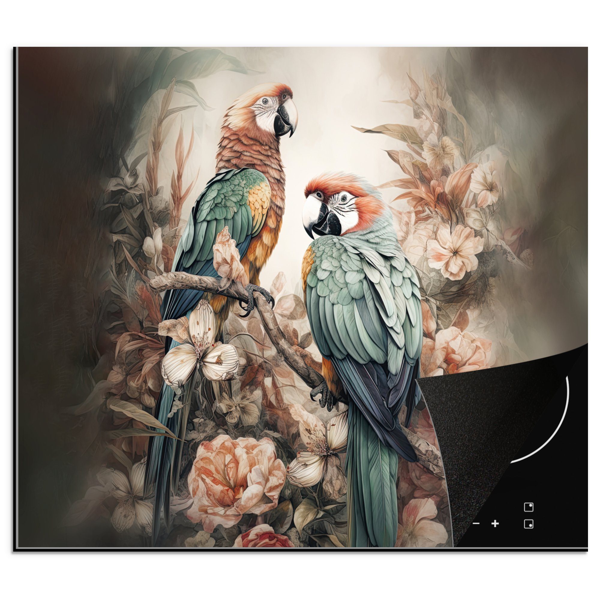 cm, - Vögel Mobile Ceranfeldabdeckung Blumen, 60x52 - Vinyl, Herdblende-/Abdeckplatte Papageien Arbeitsfläche Natur nutzbar, MuchoWow - (1 tlg),