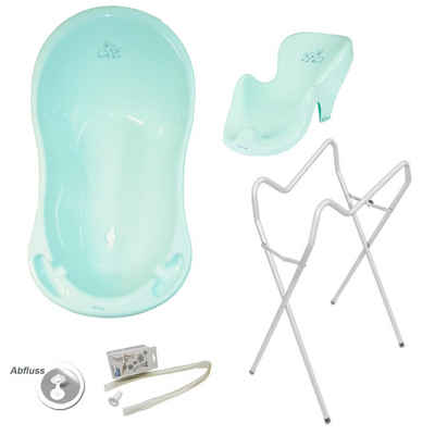 Tega-Baby Babybadewanne 3 Teile SET AB -BUNNIES + Ständer Weiß- -Wanne Abflussset Baby, (Premium.set Made in Europe), **Wanne+ Sitz+ Ablauf Set+ Ständer**