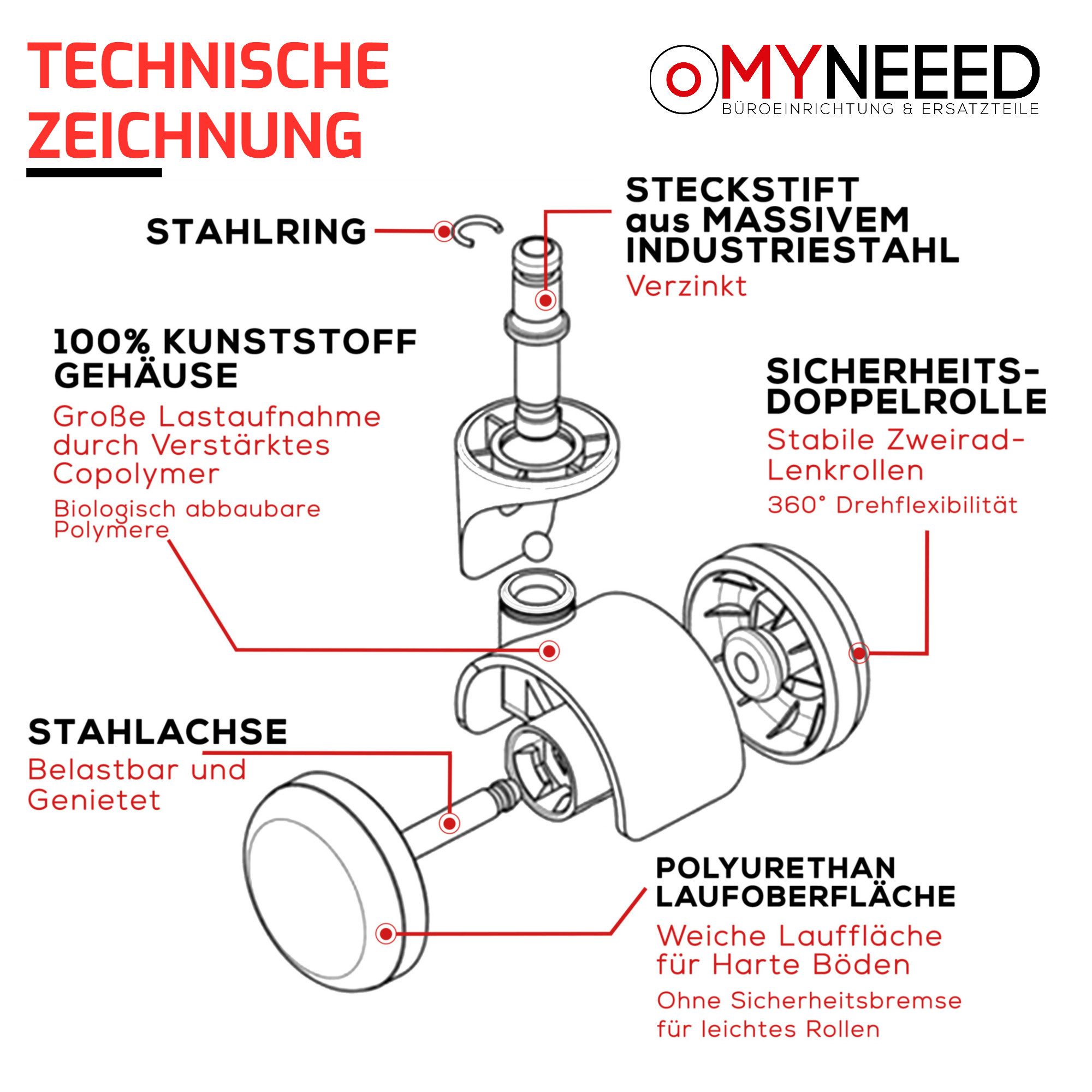 MYNEEED Bürostuhl Universal Bürostuhl Rollen ohne Stifte, mit 10mm & 11mm Stifte – Bild 4 von 4