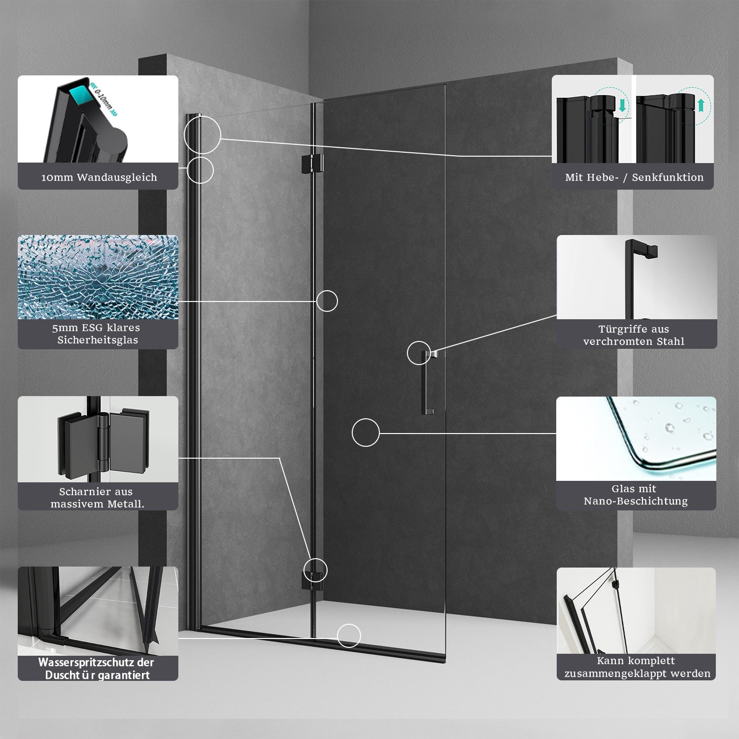 Boromal Walk-in-Dusche Schwarz Duschabtrennung faltbar für Dusche Walk In Duschwand, 5mm NANO ESG, (Duschtrennwand Glas, 180º faltbar), mti Duschdichtung, Rechts-und Links montierbar