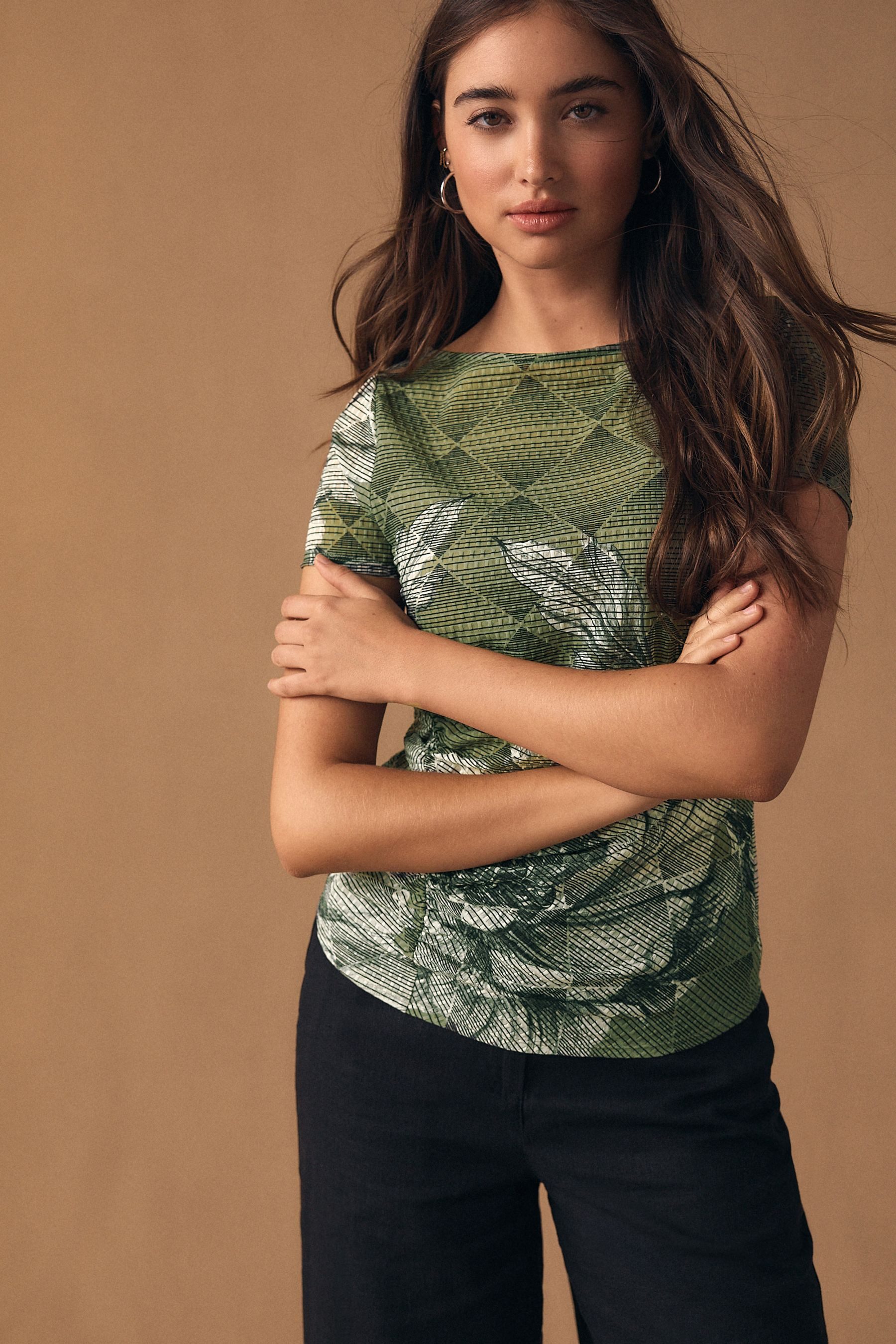 Next Kurzarmbluse Gekräuseltes Kurzarm-Oberteil, U-Boot-Ausschnitt (1-tlg) günstig online kaufen