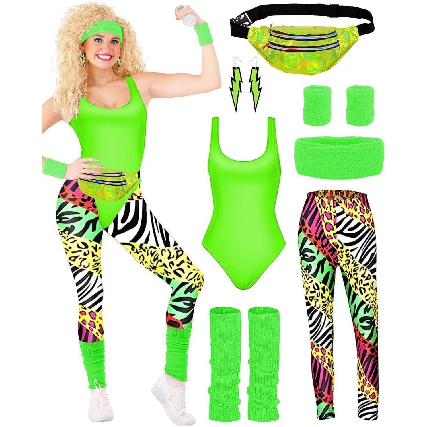 BIQIQI Hippie-Kostüm 80er Jahre Outfit Damen Set Retro Trainingsanzug Kostüm XL Grün